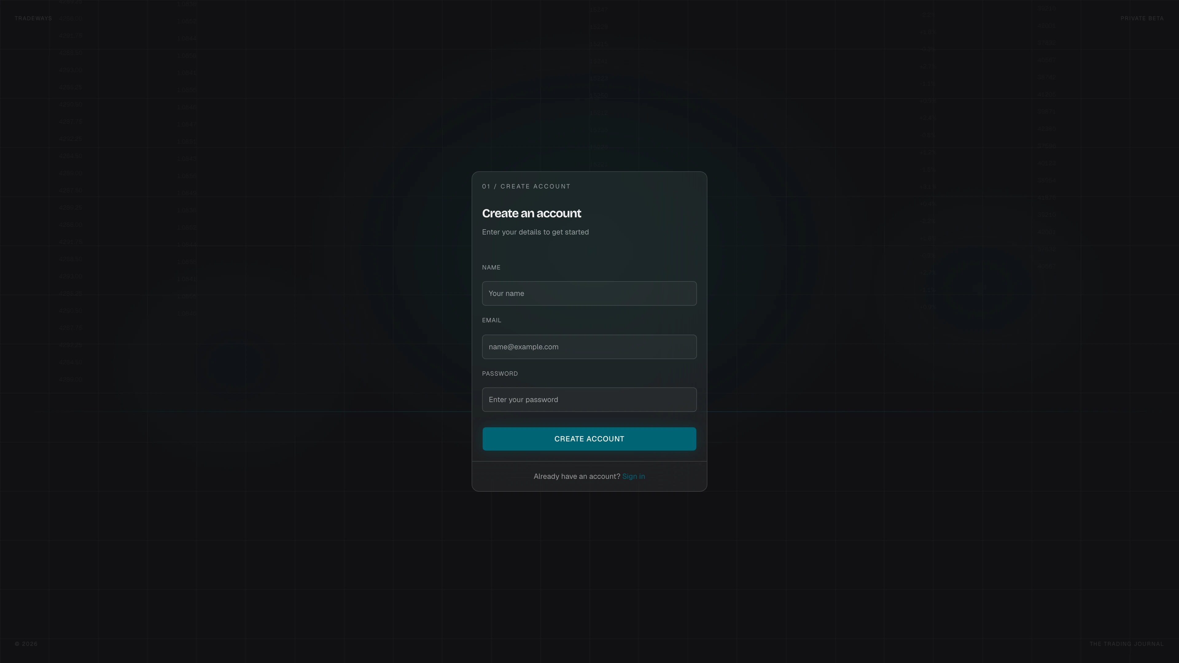 Registration form with name, email, and password fields