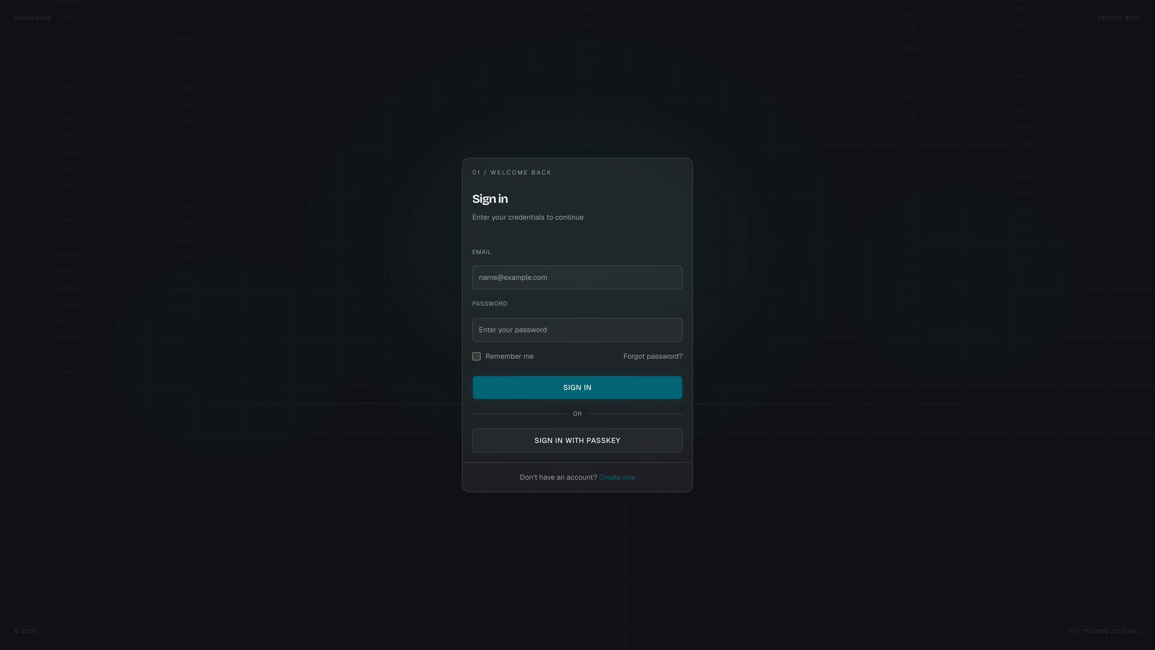 Sign-in form with email, password, and passkey options