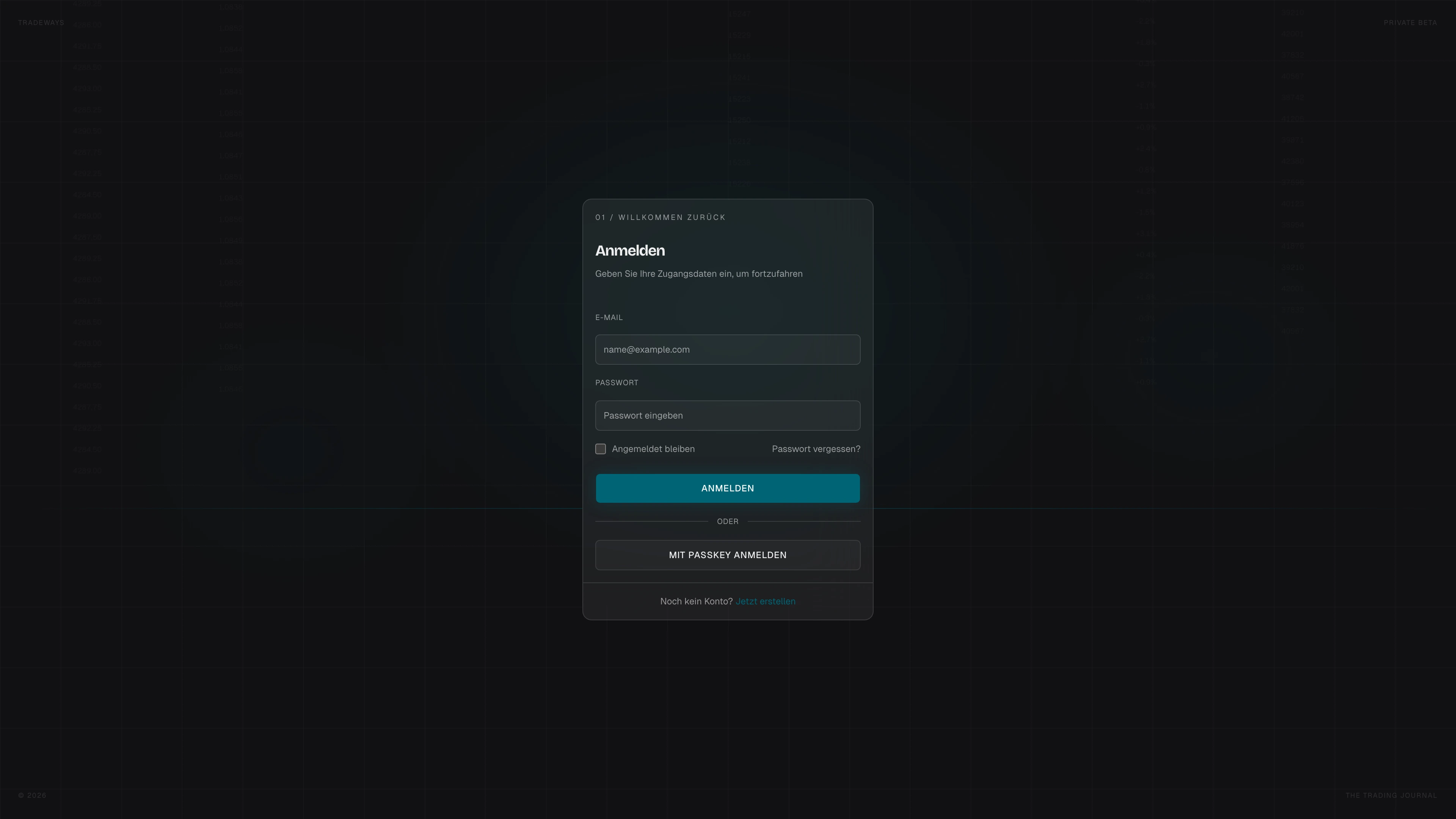 Anmeldeformular mit E-Mail, Passwort und Passkey-Optionen