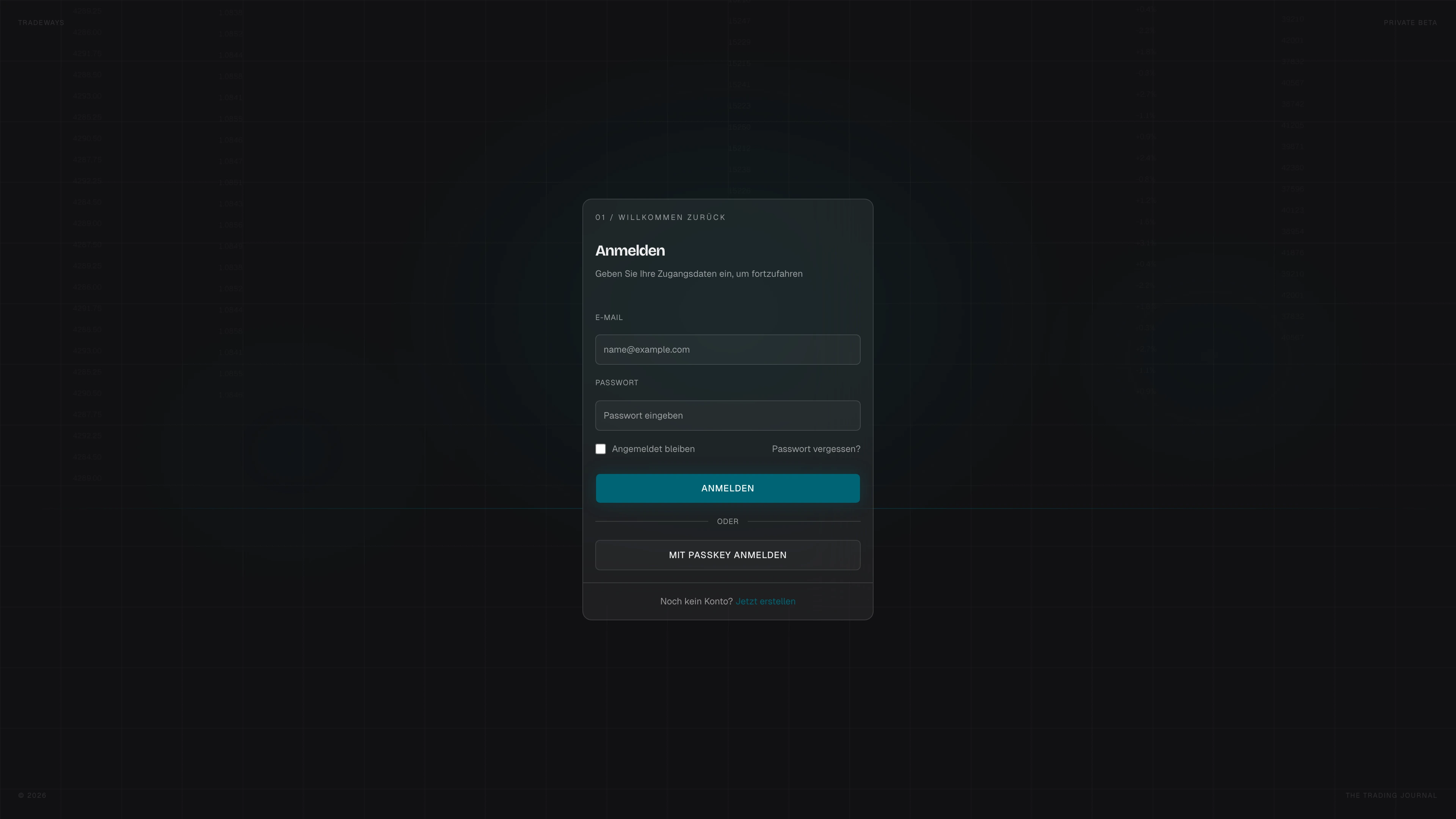 Anmeldeformular mit E-Mail, Passwort und Passkey-Optionen