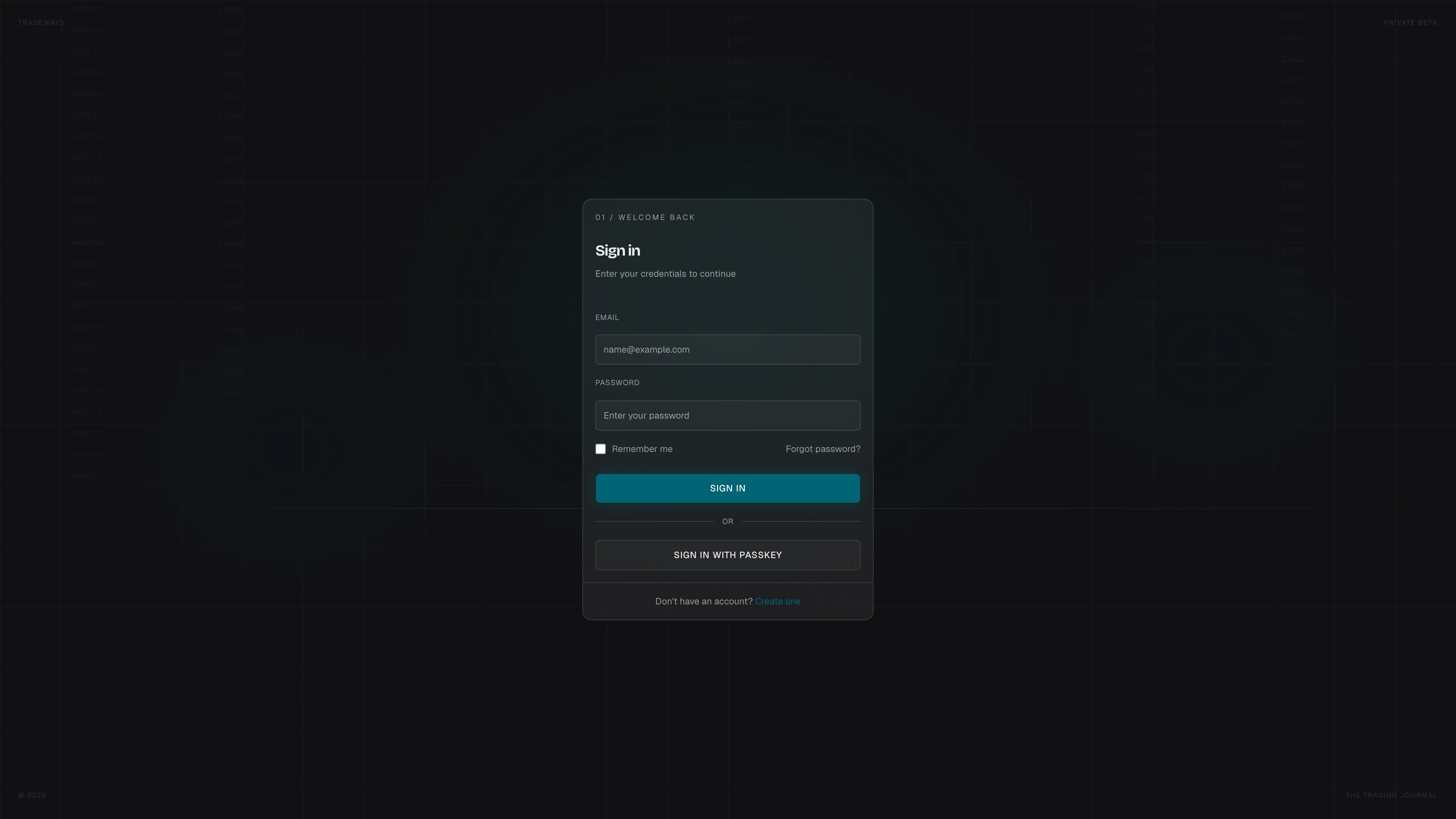 Sign-in form with email, password, and passkey options