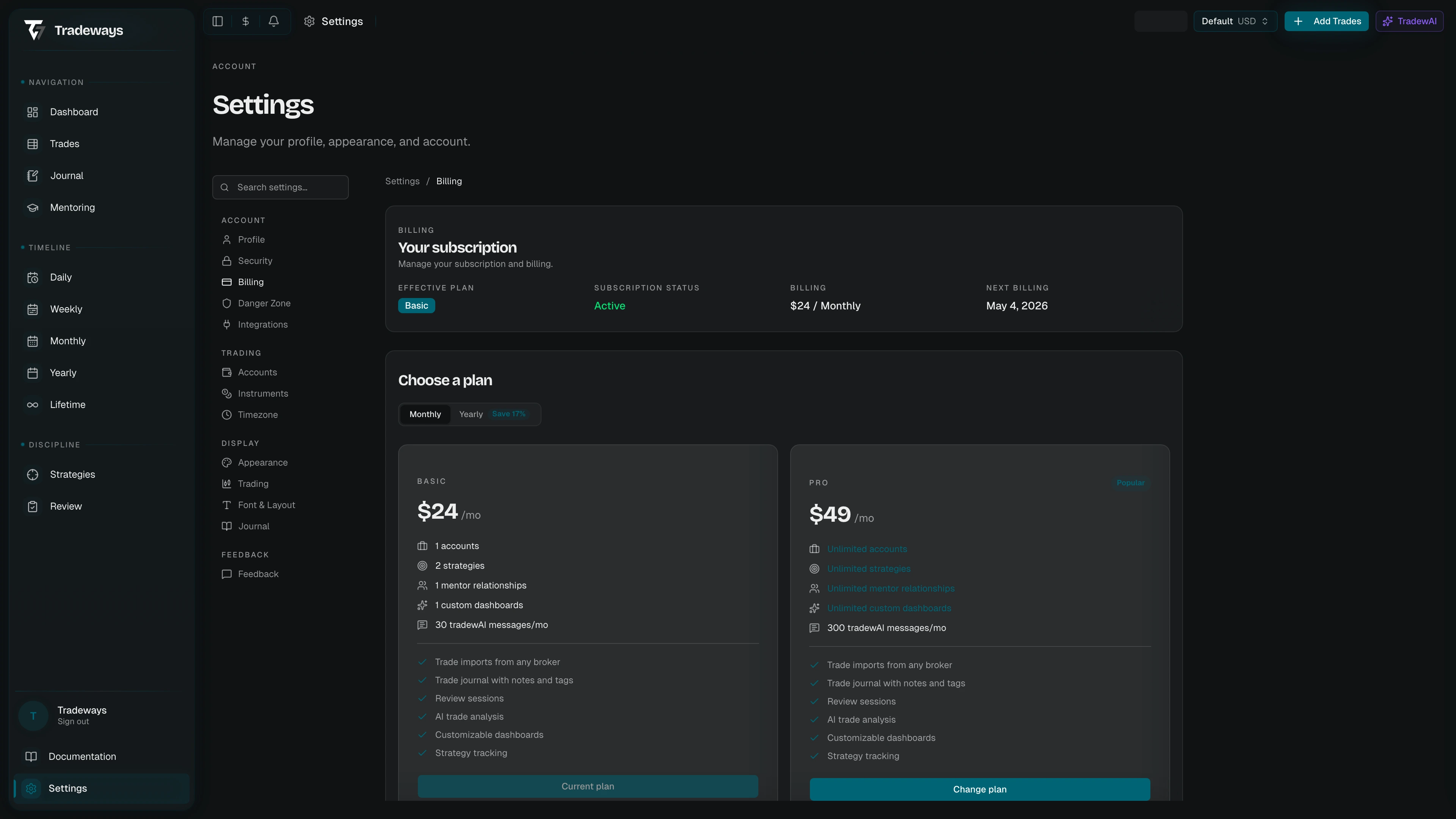 Billing page with plan comparison and subscription status
