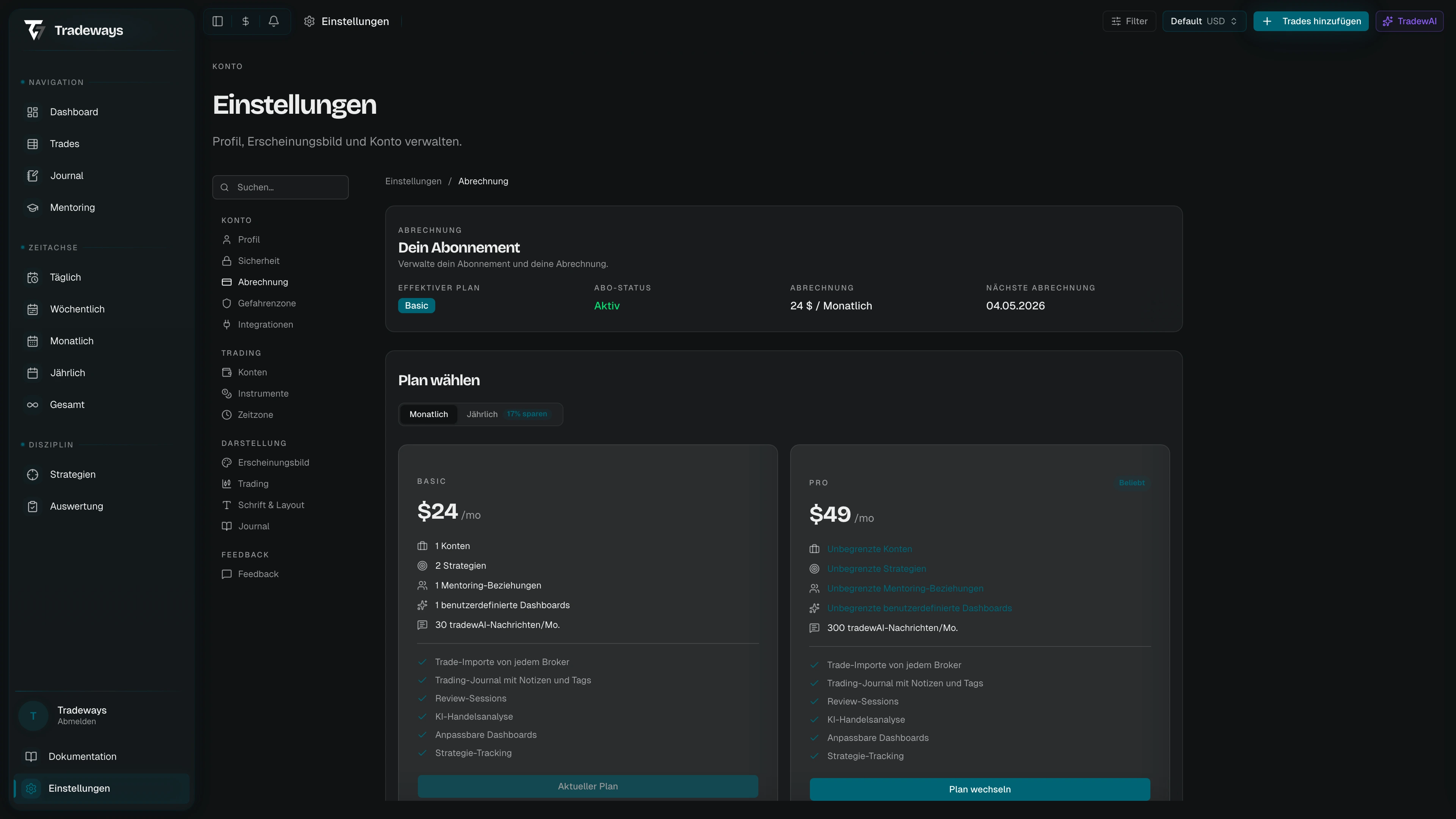 Abrechnungsseite mit Planvergleich und Abonnementstatus