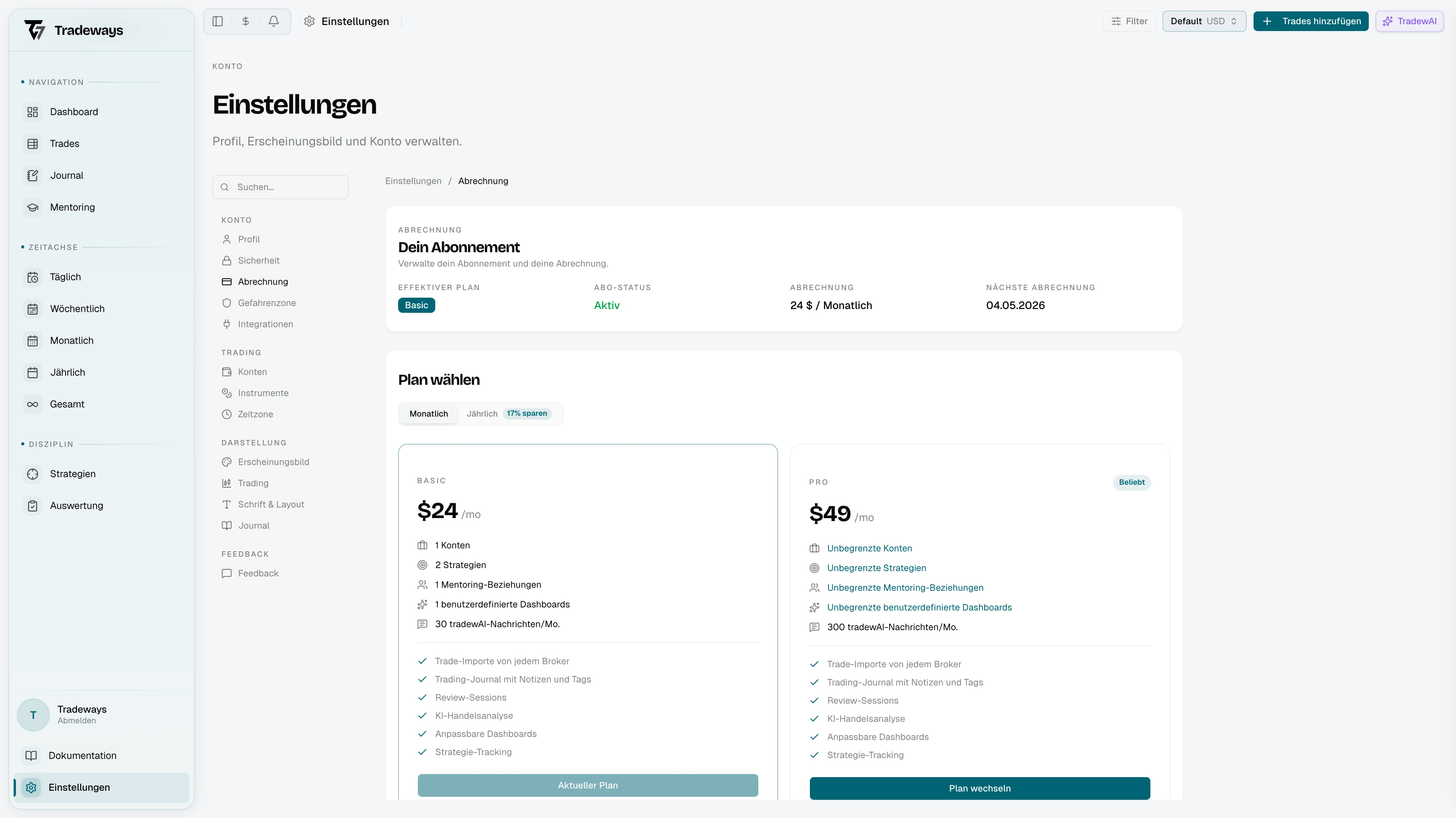Abrechnungsseite mit Planvergleich und Abonnementstatus