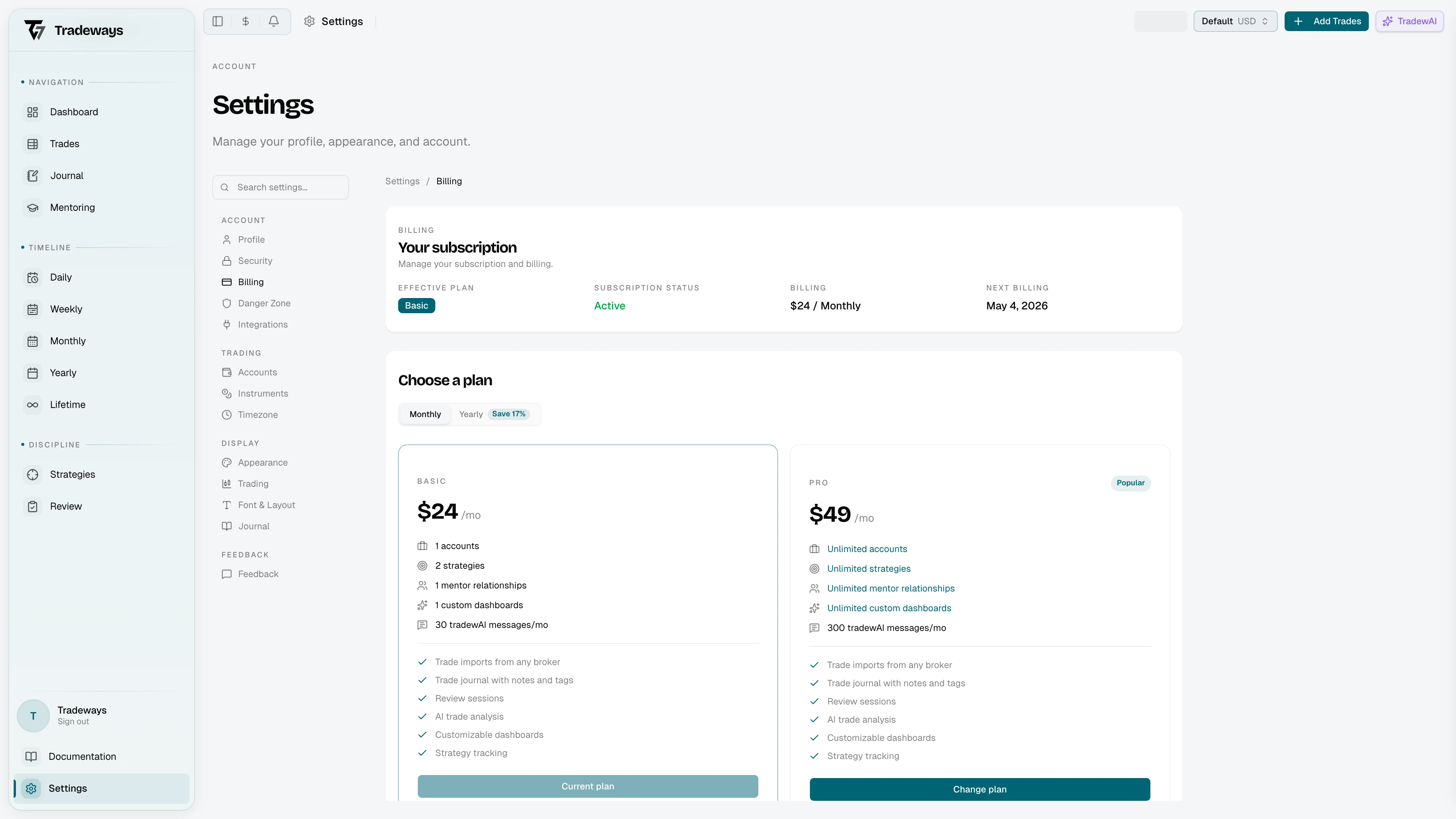 Billing page with plan comparison and subscription status
