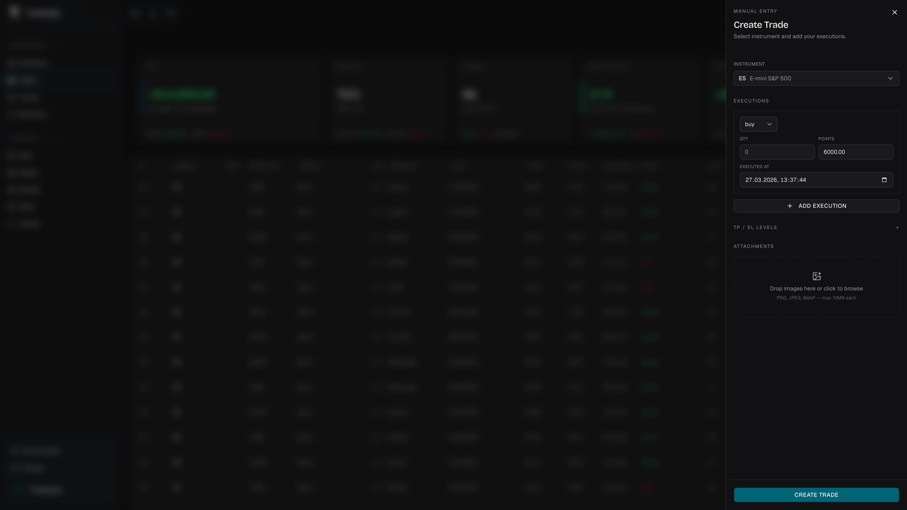 Create trade sheet with symbol, executions, levels, and attachments