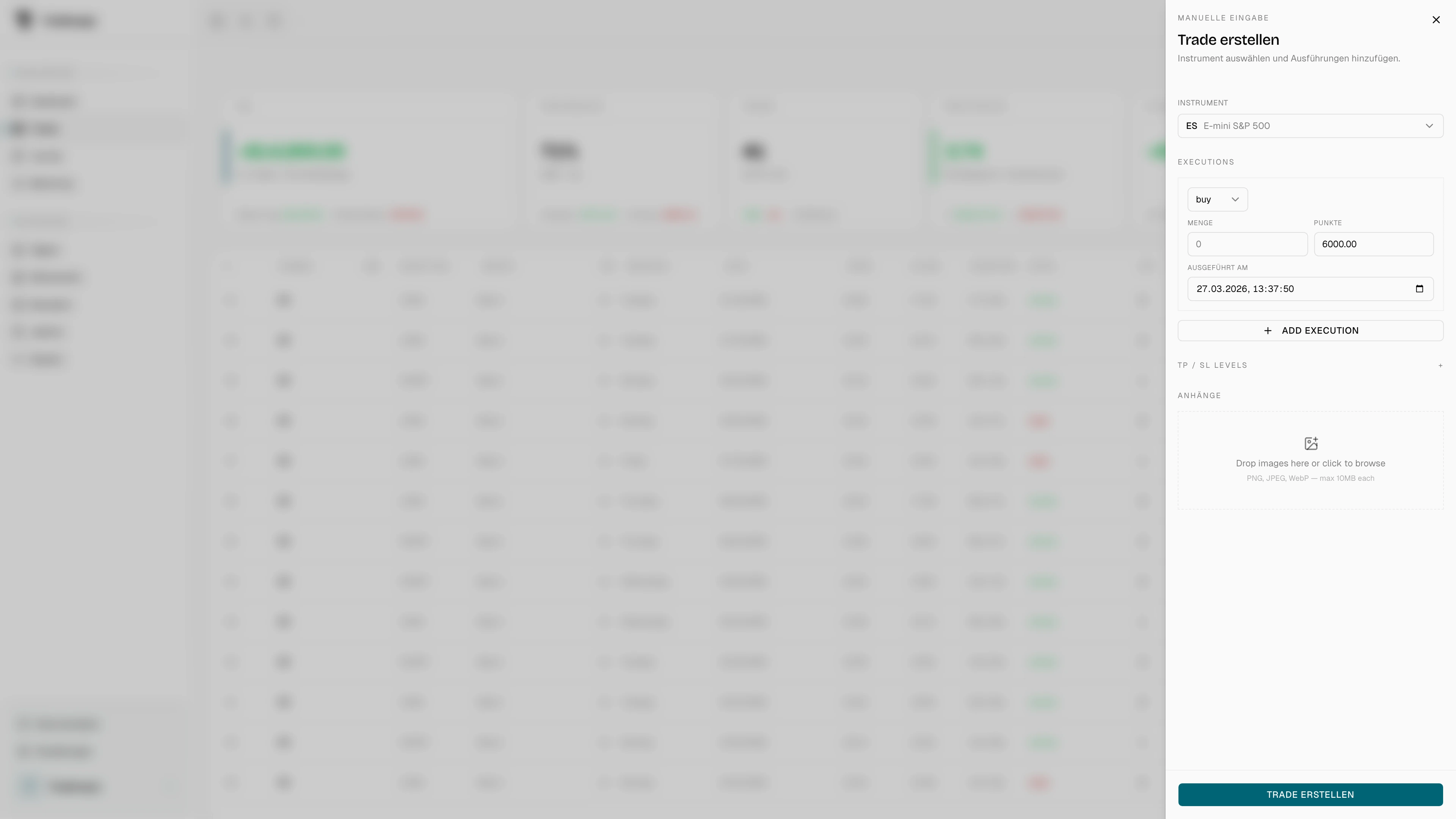 Trade-Erstellen-Formular mit Symbol, Ausführungen, Levels und Anhängen