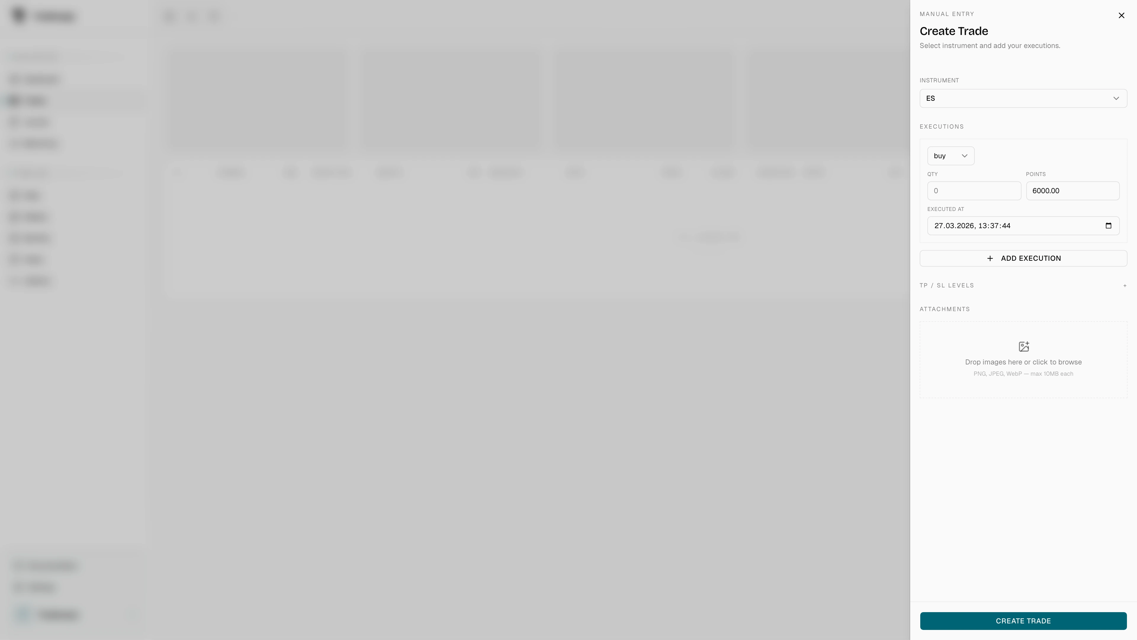 Create trade sheet with symbol, executions, levels, and attachments