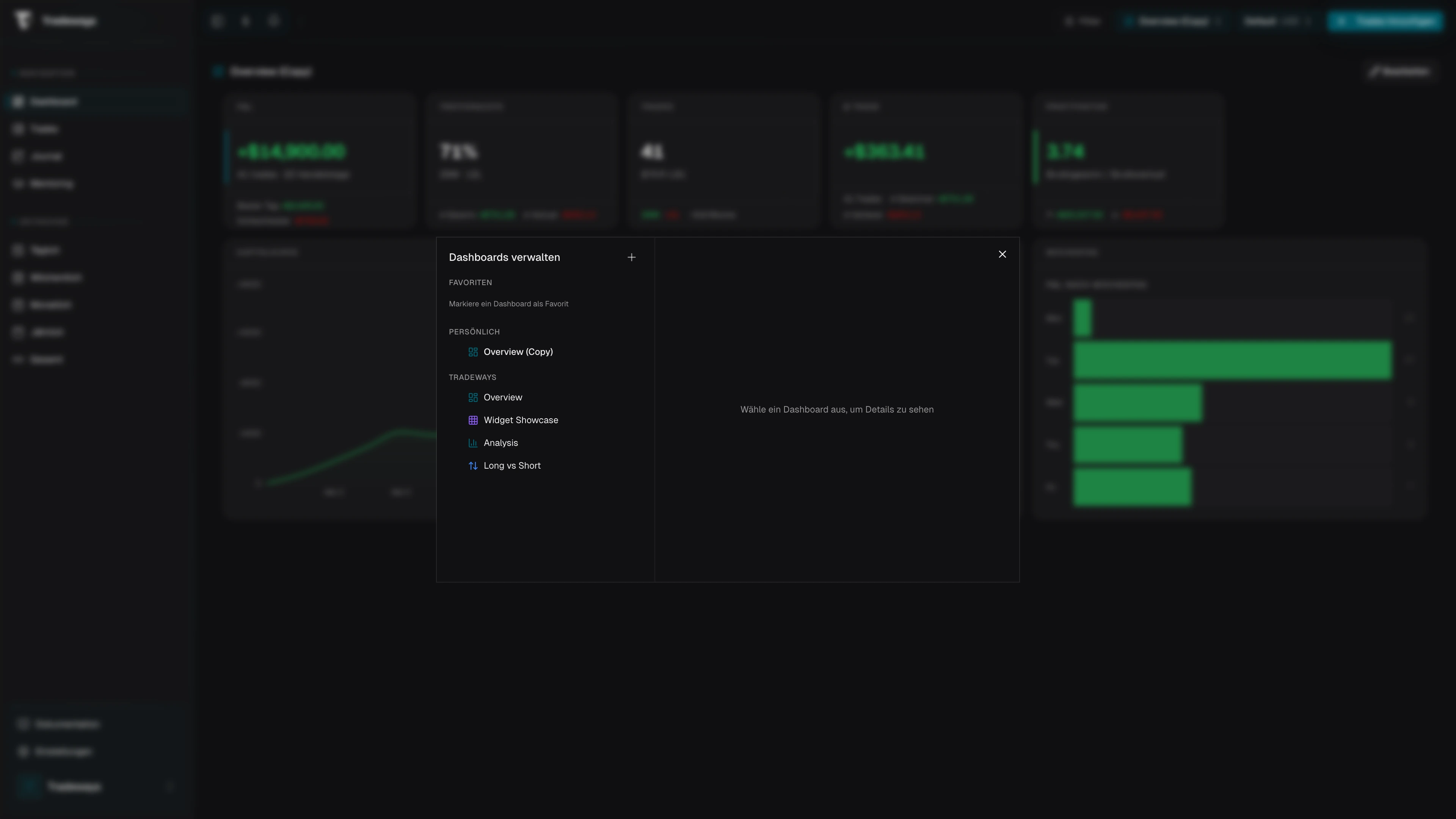 Verwaltungs-Modal mit Favoriten, persönlichen, System- und geteilten Dashboards