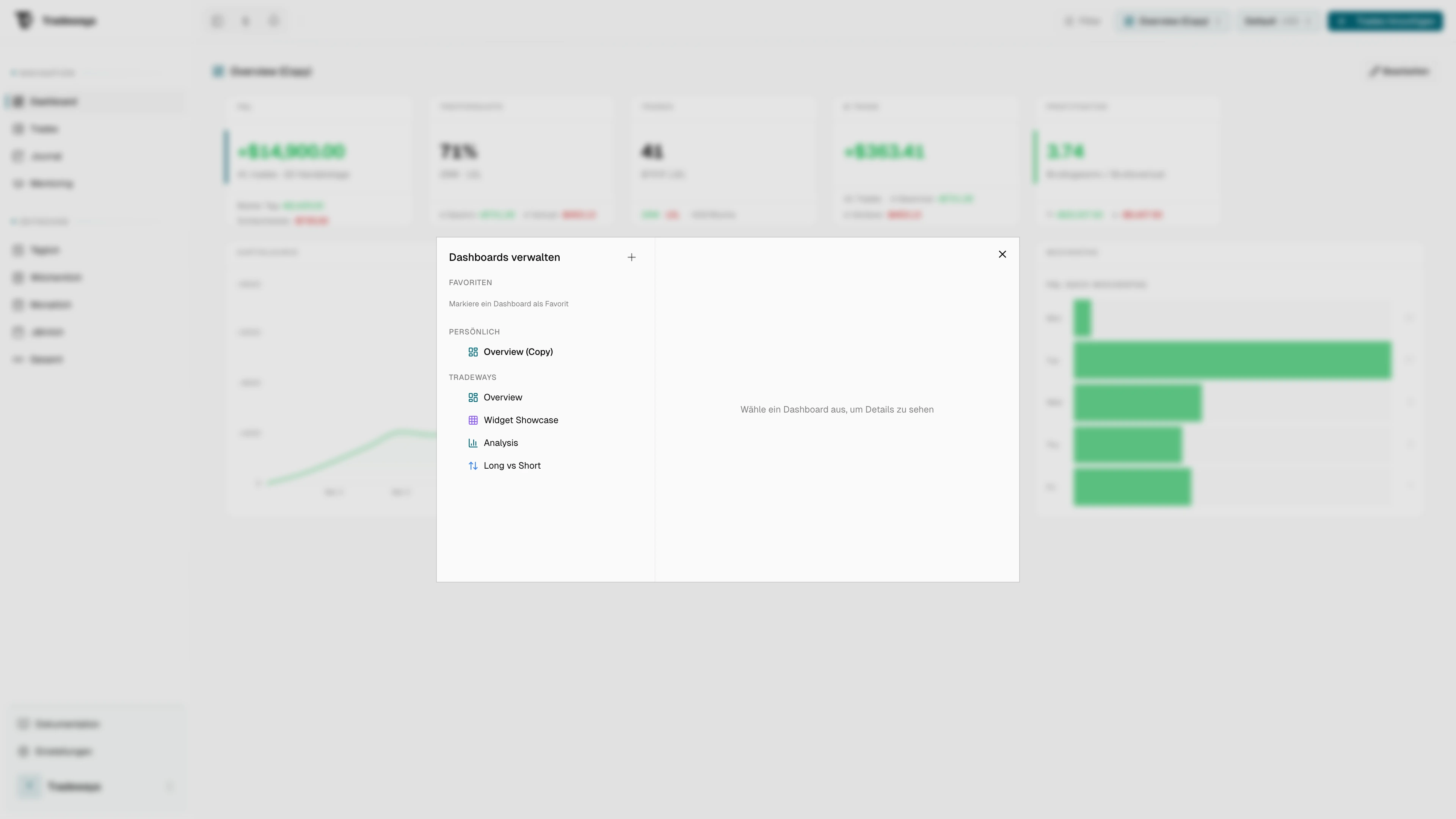 Verwaltungs-Modal mit Favoriten, persönlichen, System- und geteilten Dashboards