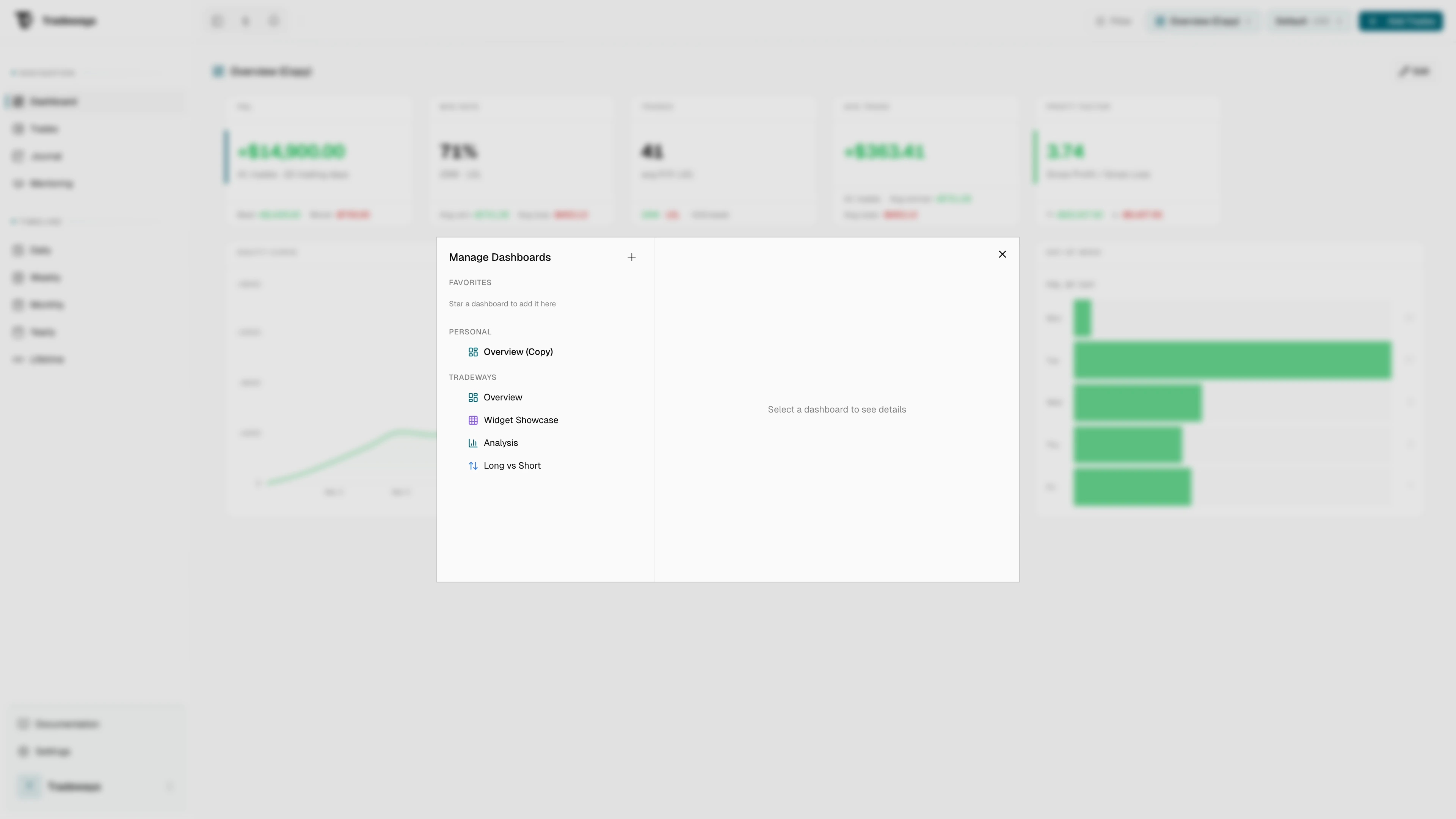 Manage dashboards modal with favorites, personal, system, and shared sections