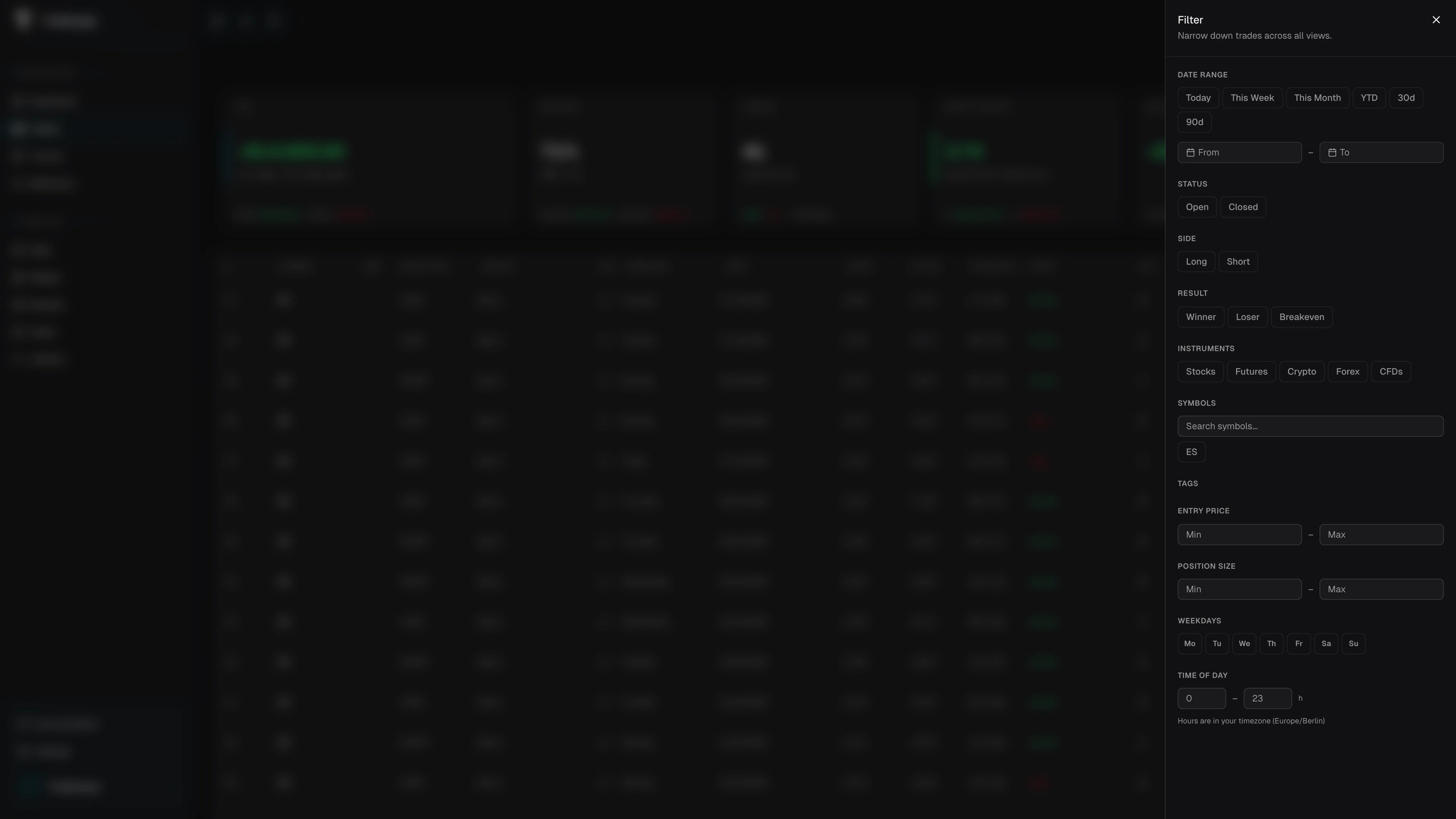Global filter panel with date range, status, side, result, and more