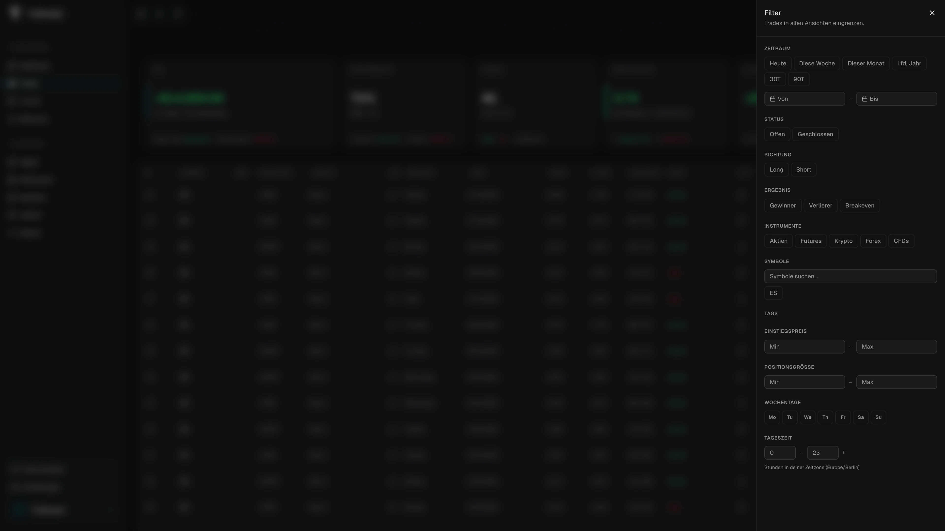 Globales Filter-Panel mit Zeitraum, Status, Richtung, Ergebnis und weiteren Optionen