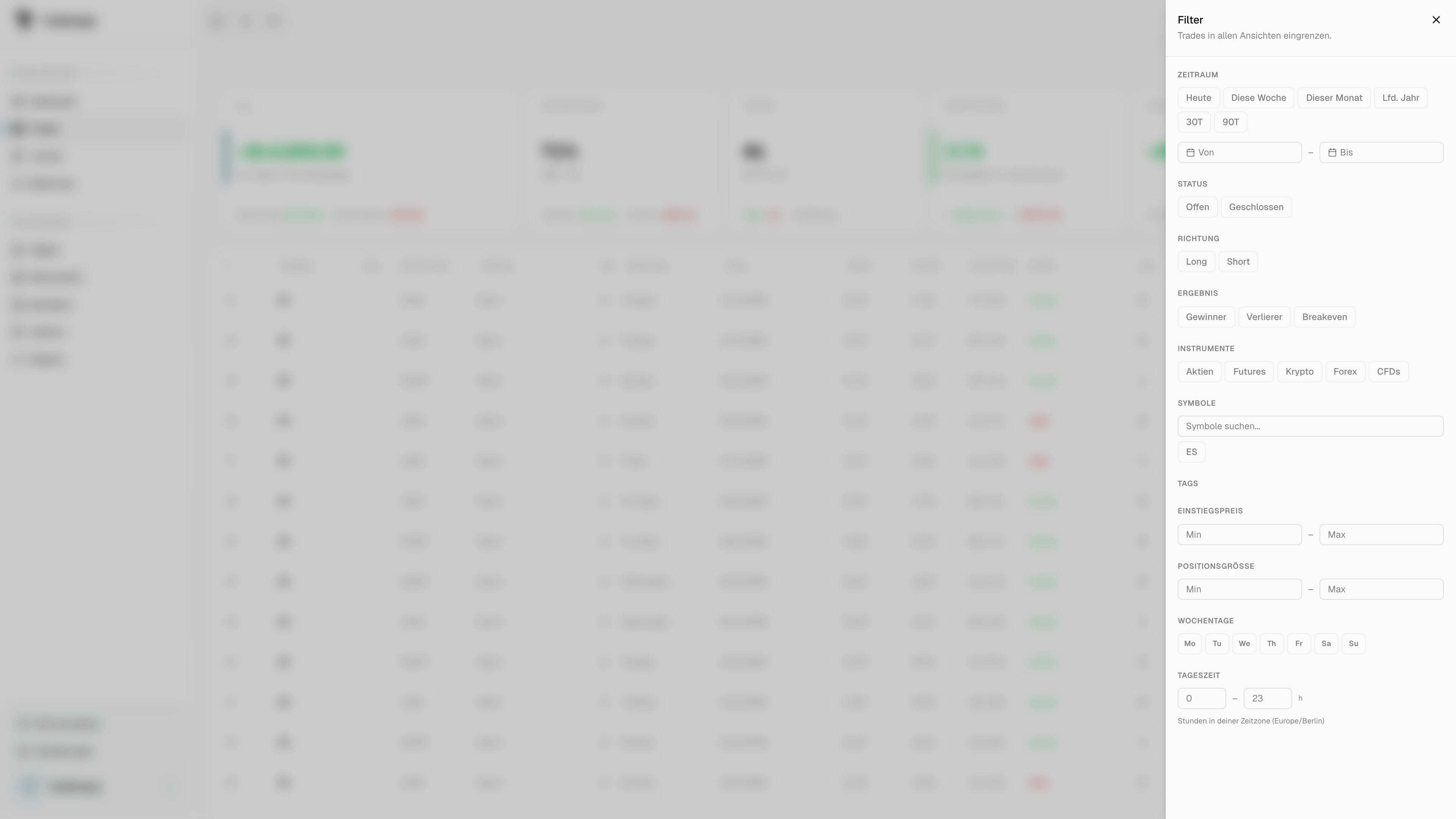 Globales Filter-Panel mit Zeitraum, Status, Richtung, Ergebnis und weiteren Optionen