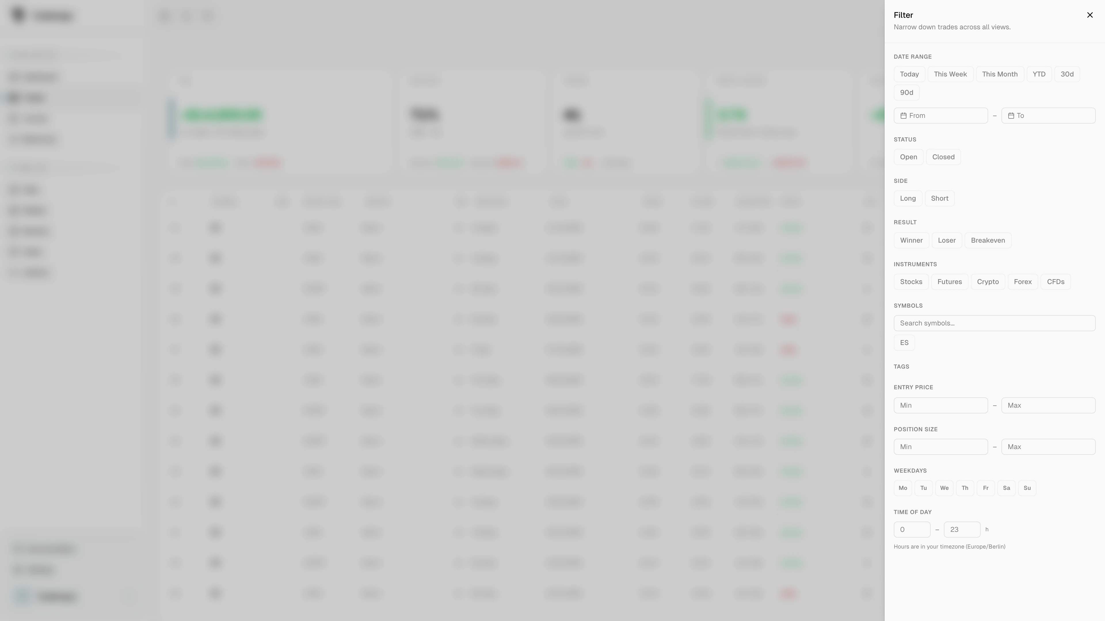 Global filter panel with date range, status, side, result, and more
