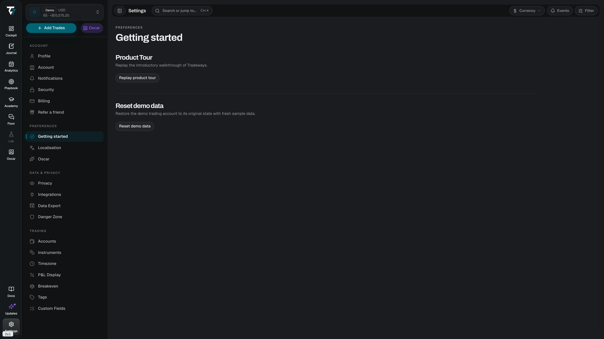 Getting Started settings with the Replay tour control
