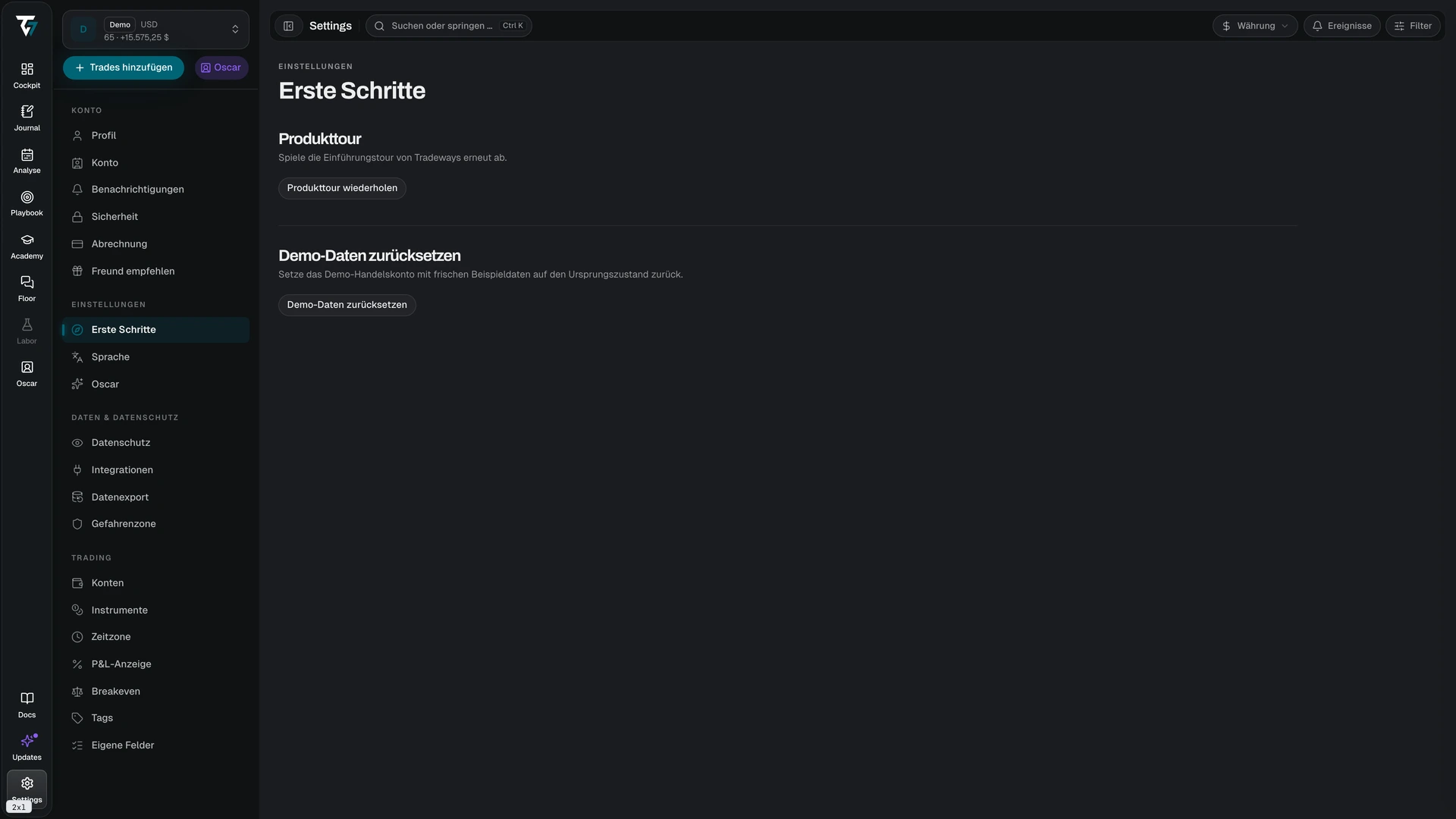 Settings für Erste Schritte mit der Option zum erneuten Starten der Tour