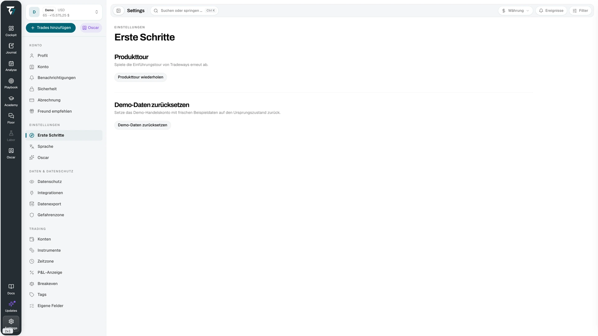 Settings für Erste Schritte mit der Option zum erneuten Starten der Tour