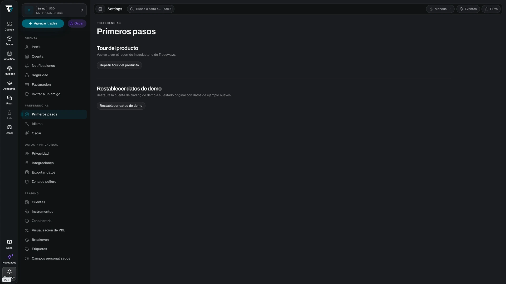 Configuración de Primeros pasos con el control para repetir el tour