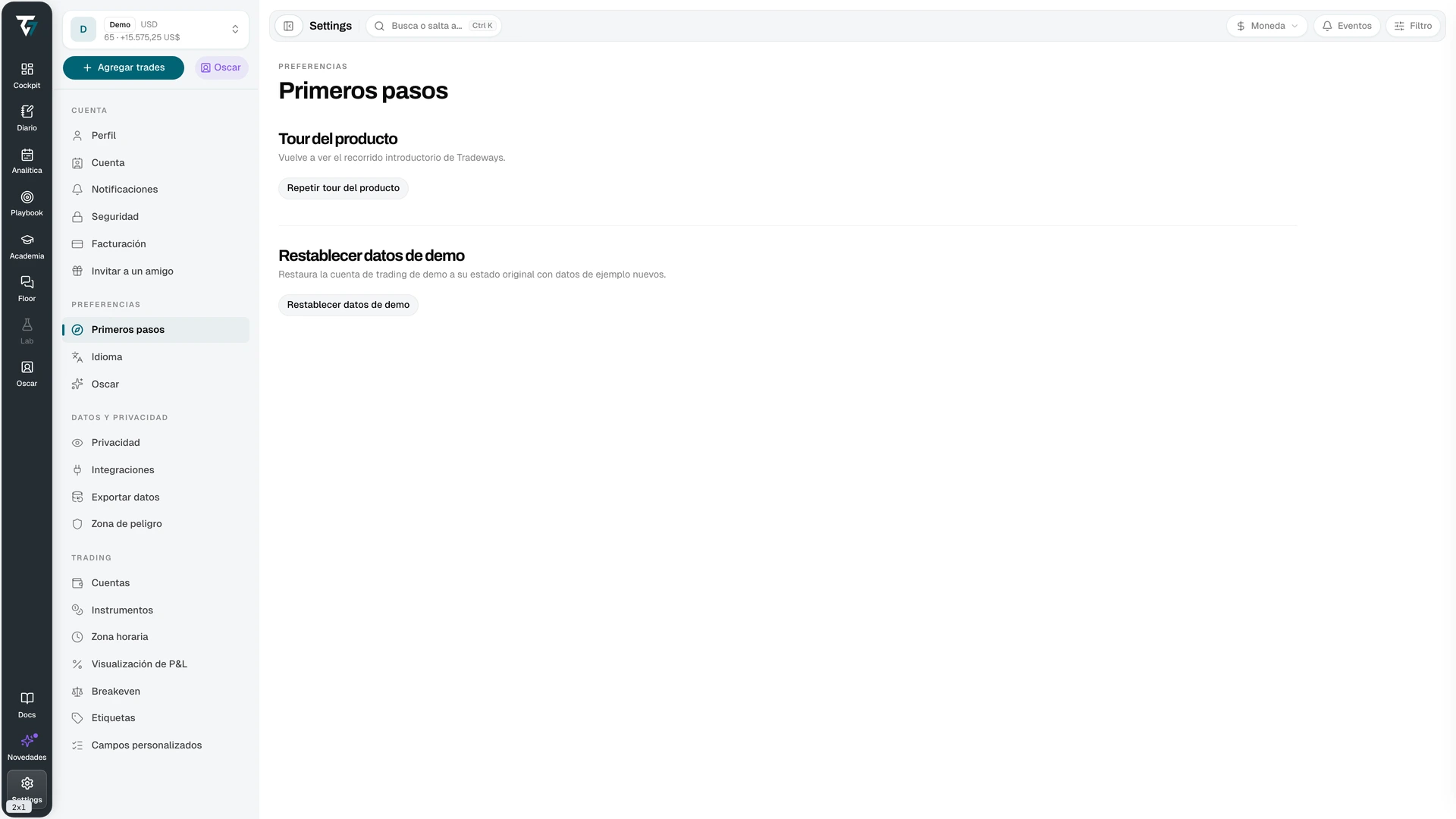 Configuración de Primeros pasos con el control para repetir el tour