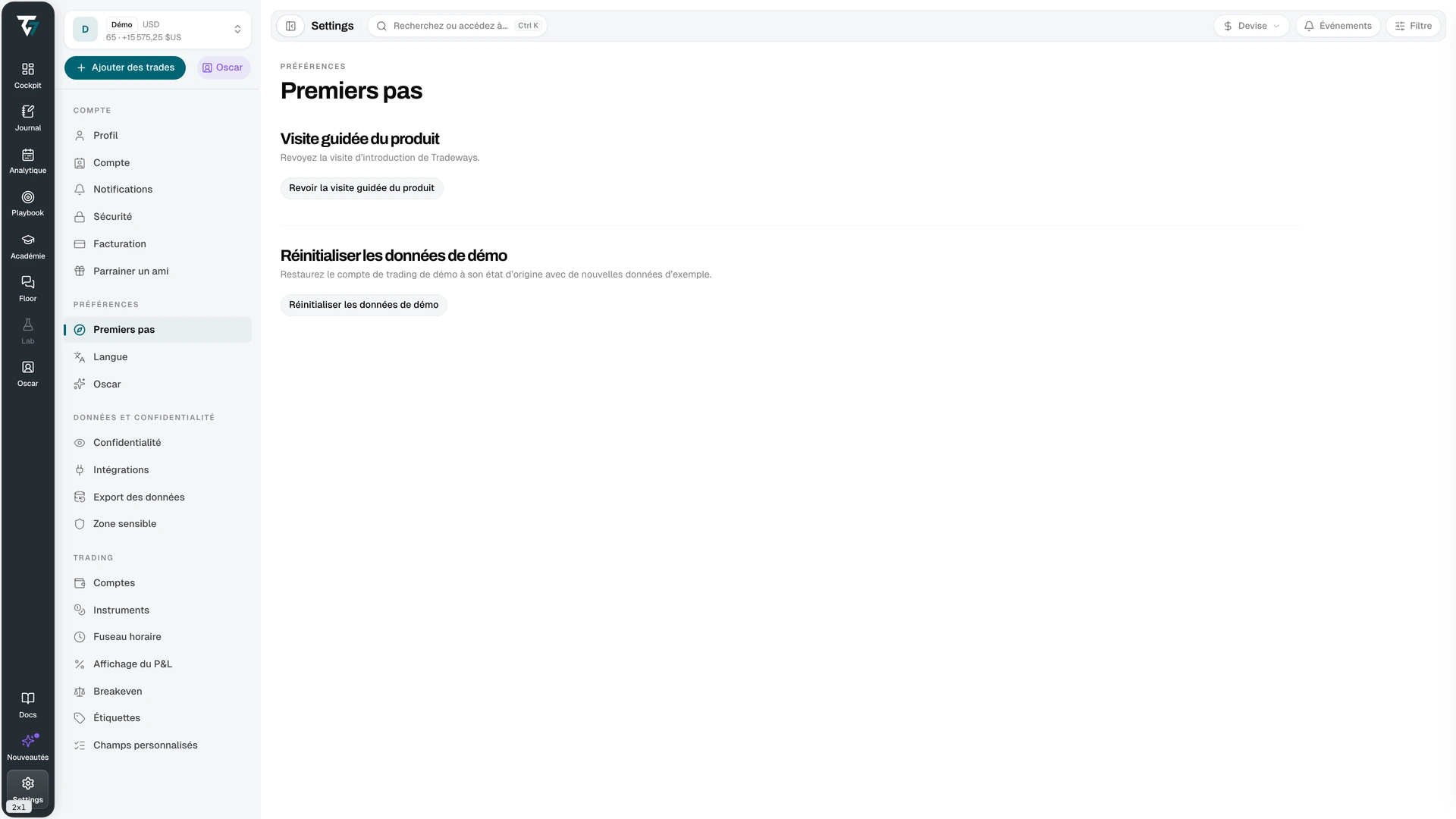 Paramètres Premiers pas avec la commande permettant de relancer la visite