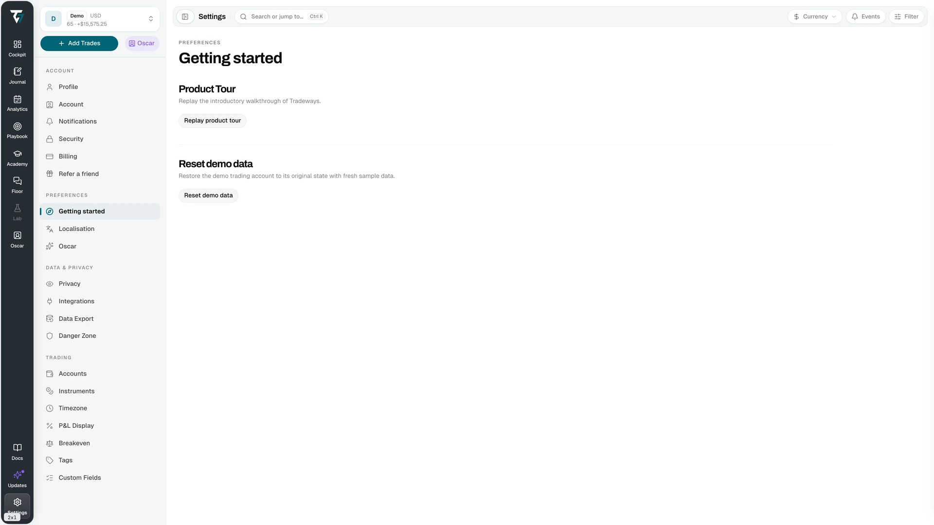 Getting Started settings with the Replay tour control