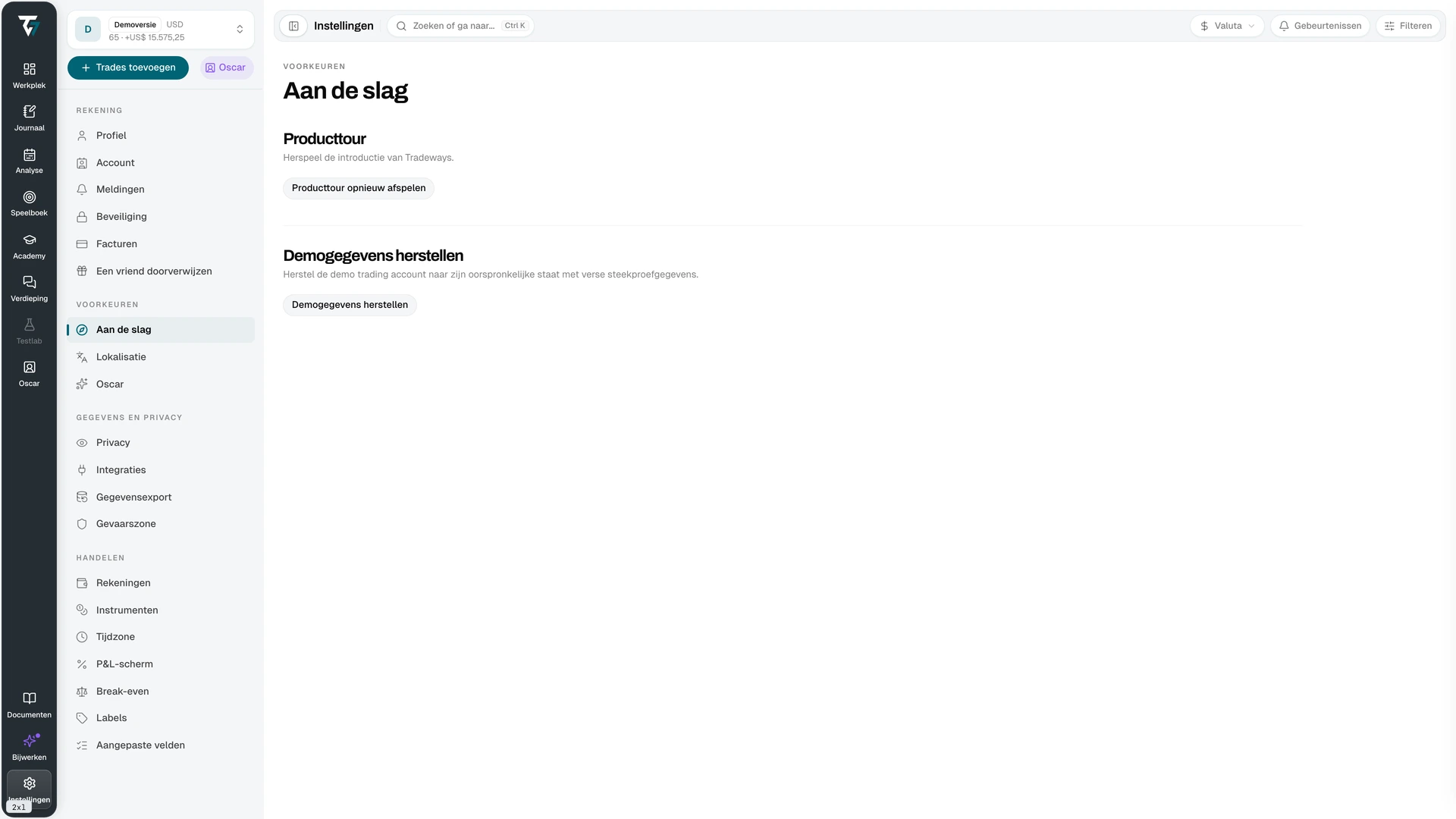 Instellingen voor Aan de slag met de knop om de rondleiding opnieuw af te spelen