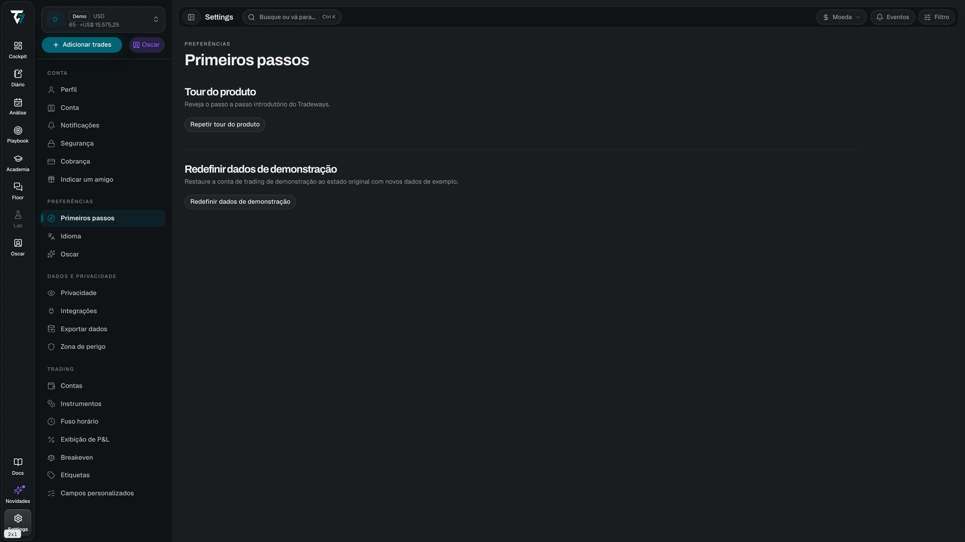 Configurações de Primeiros passos com o controle para refazer o tour