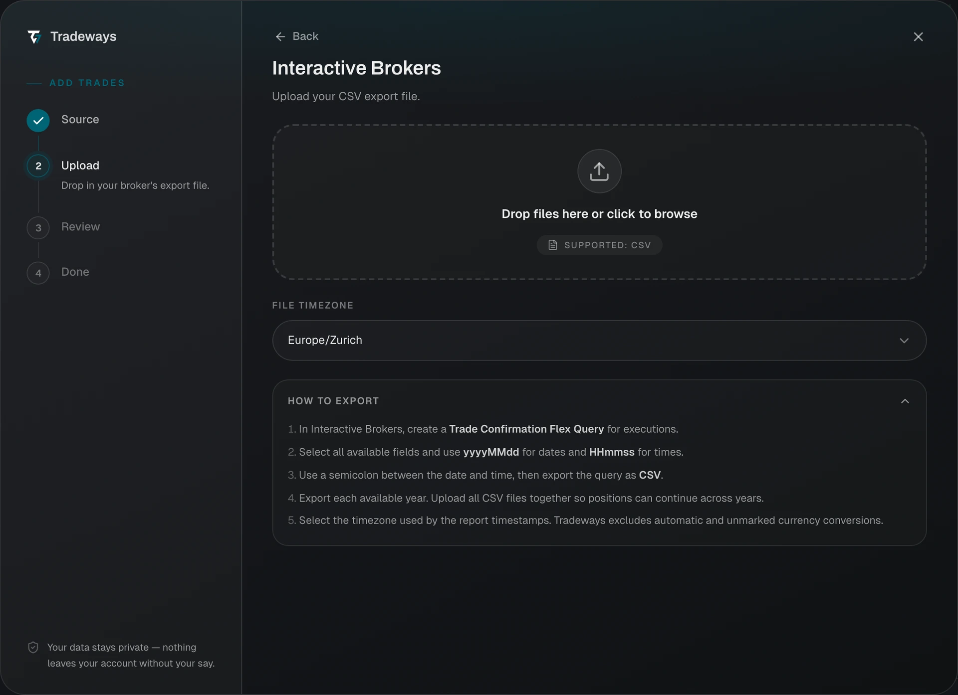 Import dialog with Interactive Brokers selected