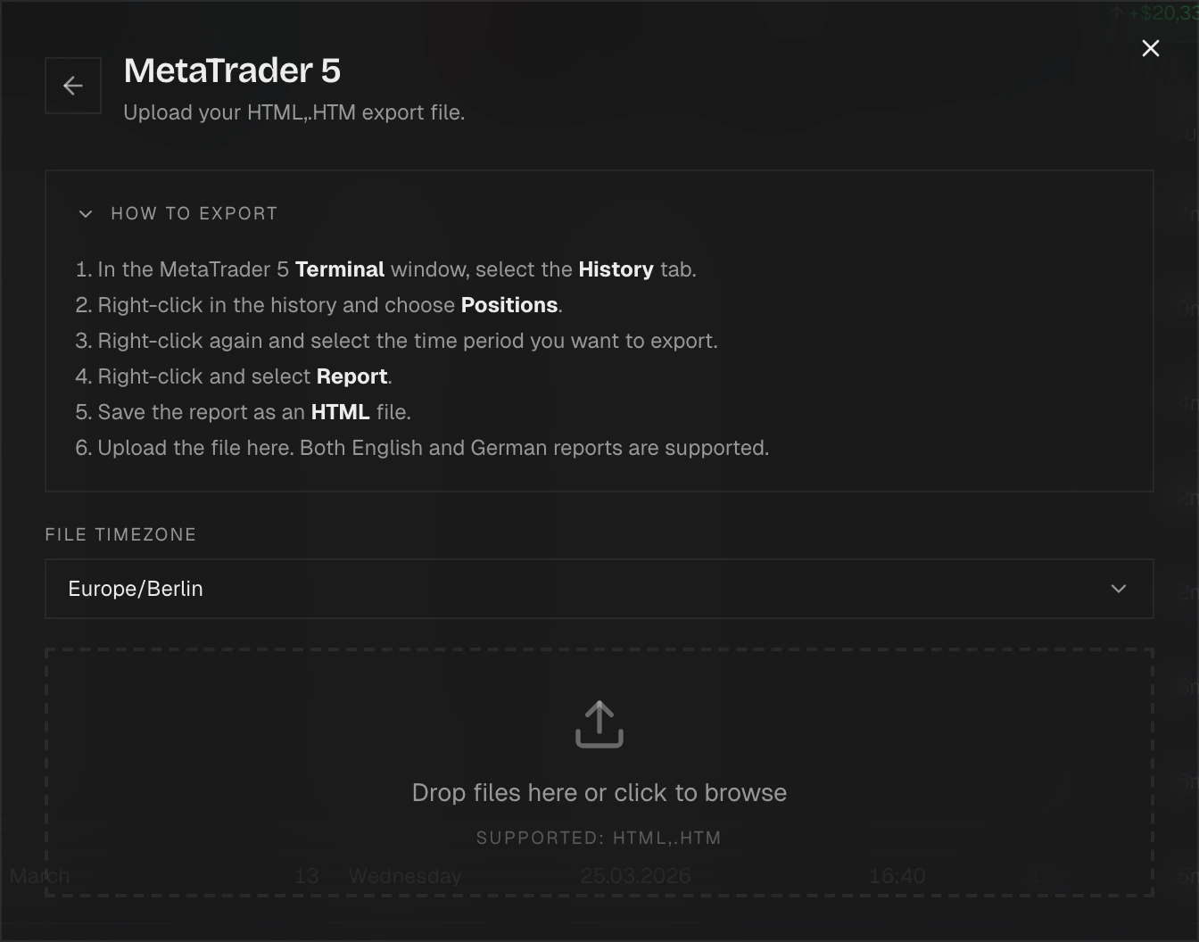 Import dialog with MetaTrader 5 selected