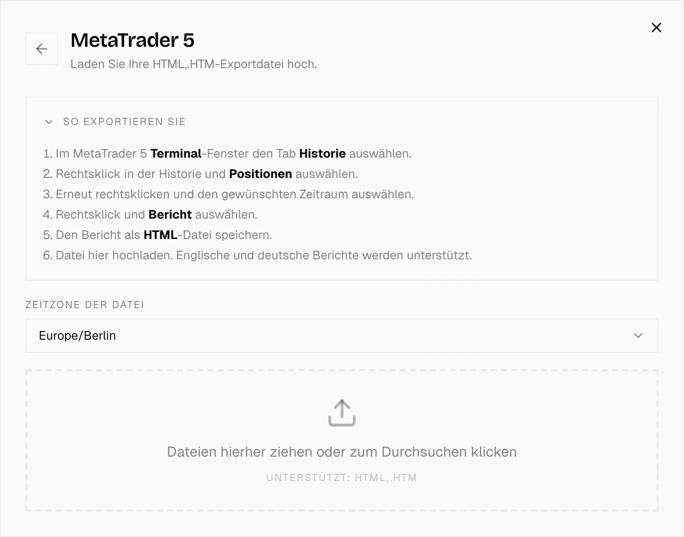 Import-Dialog mit MetaTrader 5 ausgewählt