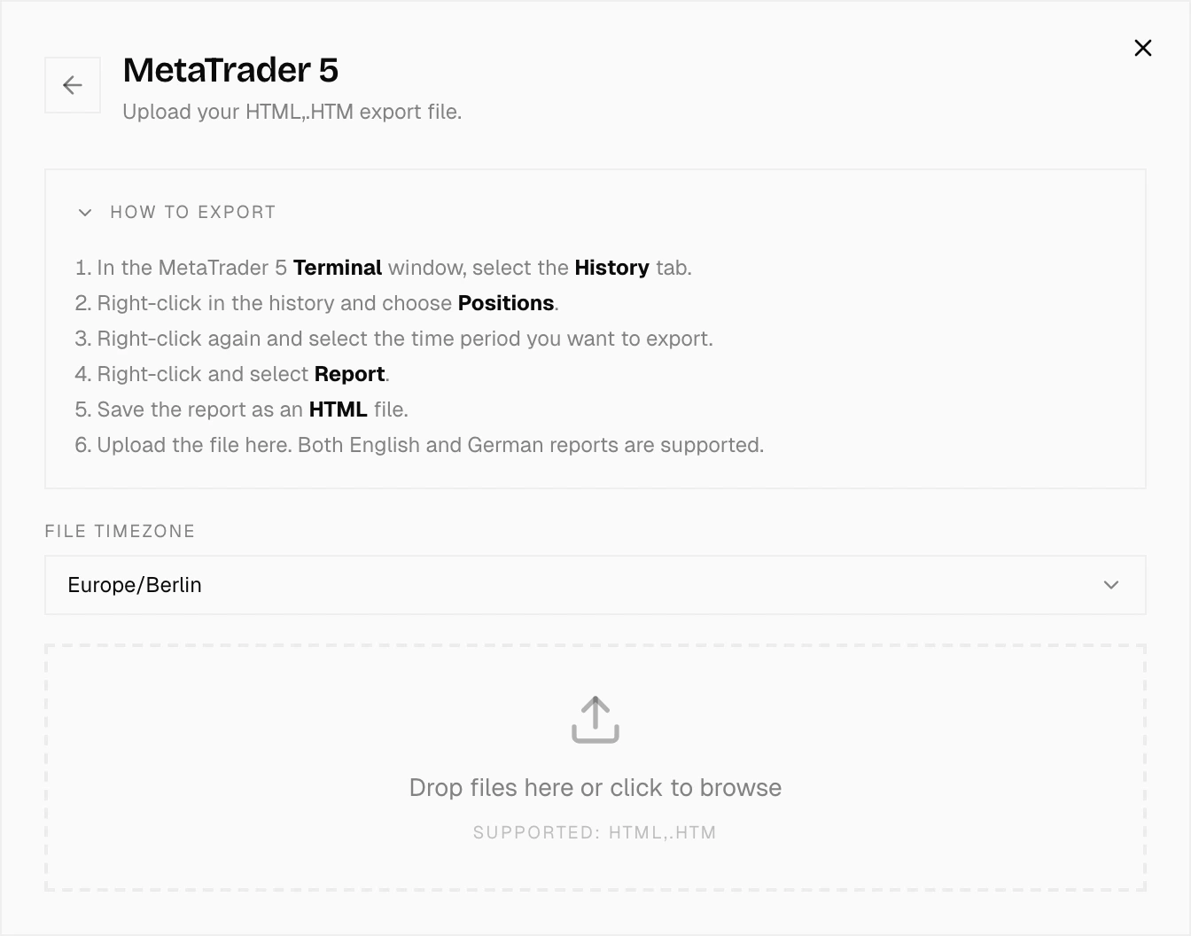 Import dialog with MetaTrader 5 selected