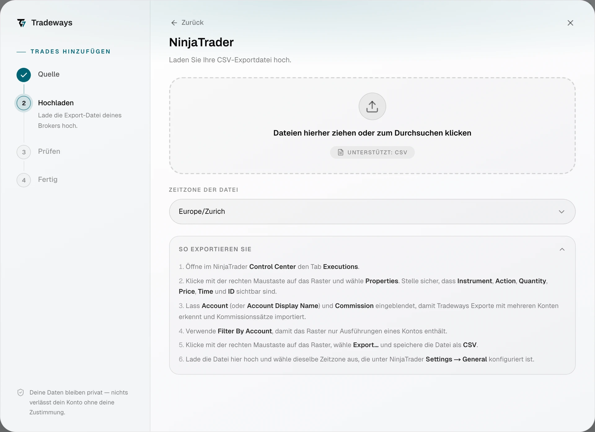 Import-Dialog mit ausgewähltem NinjaTrader und sichtbarer Zeitzonenauswahl