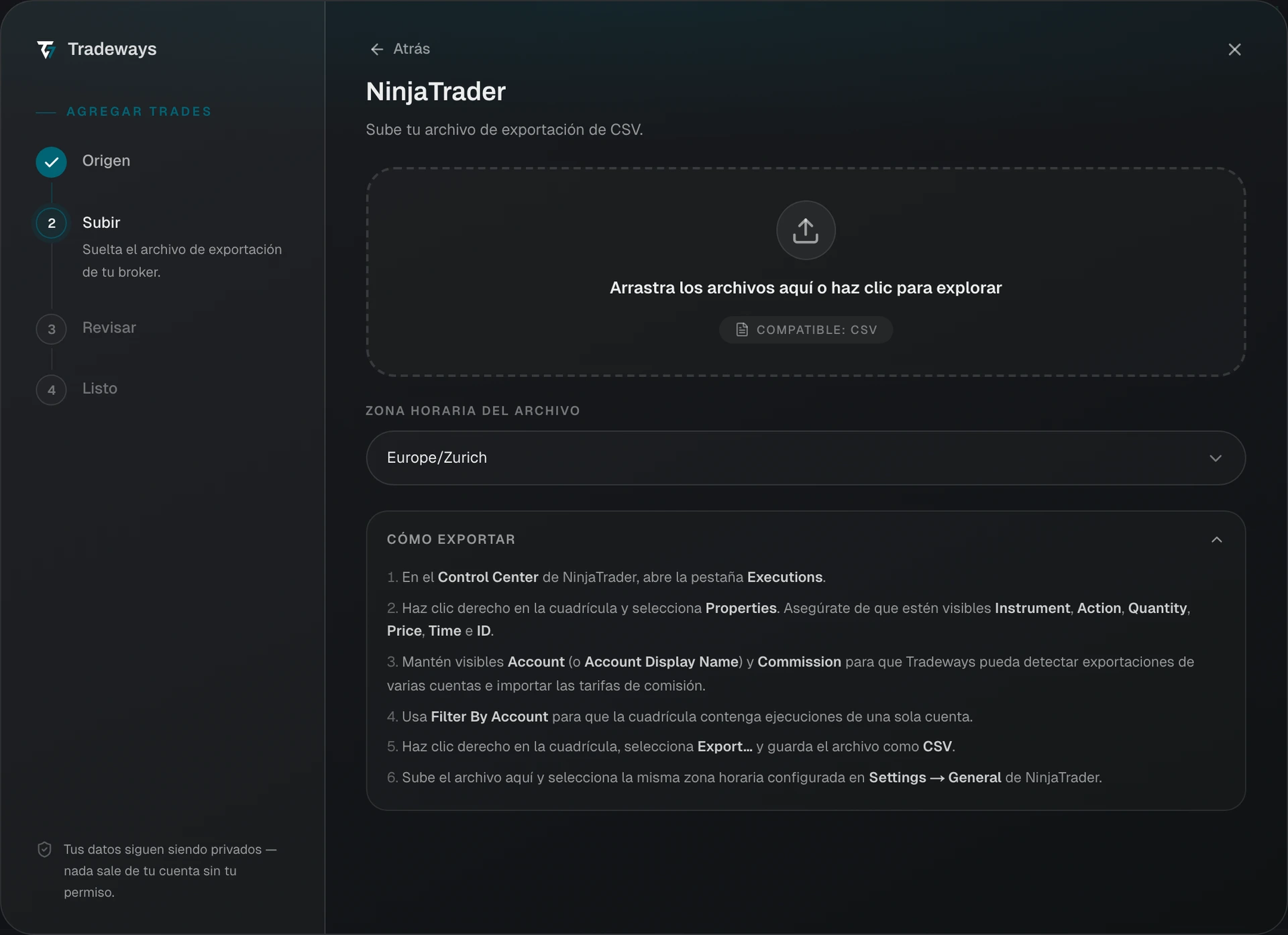 Diálogo de importación con NinjaTrader seleccionado y la selección de zona horaria visible