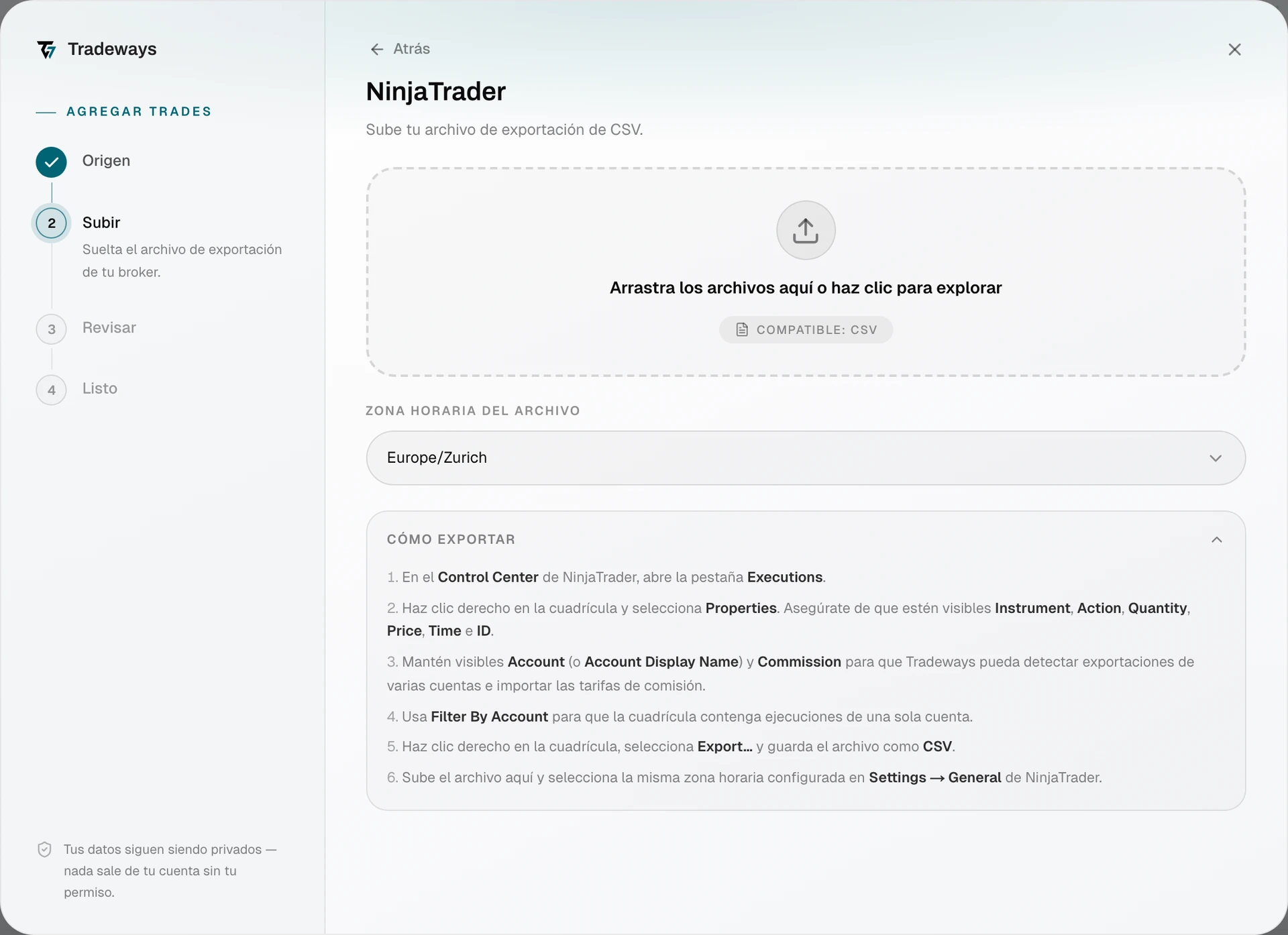 Diálogo de importación con NinjaTrader seleccionado y la selección de zona horaria visible