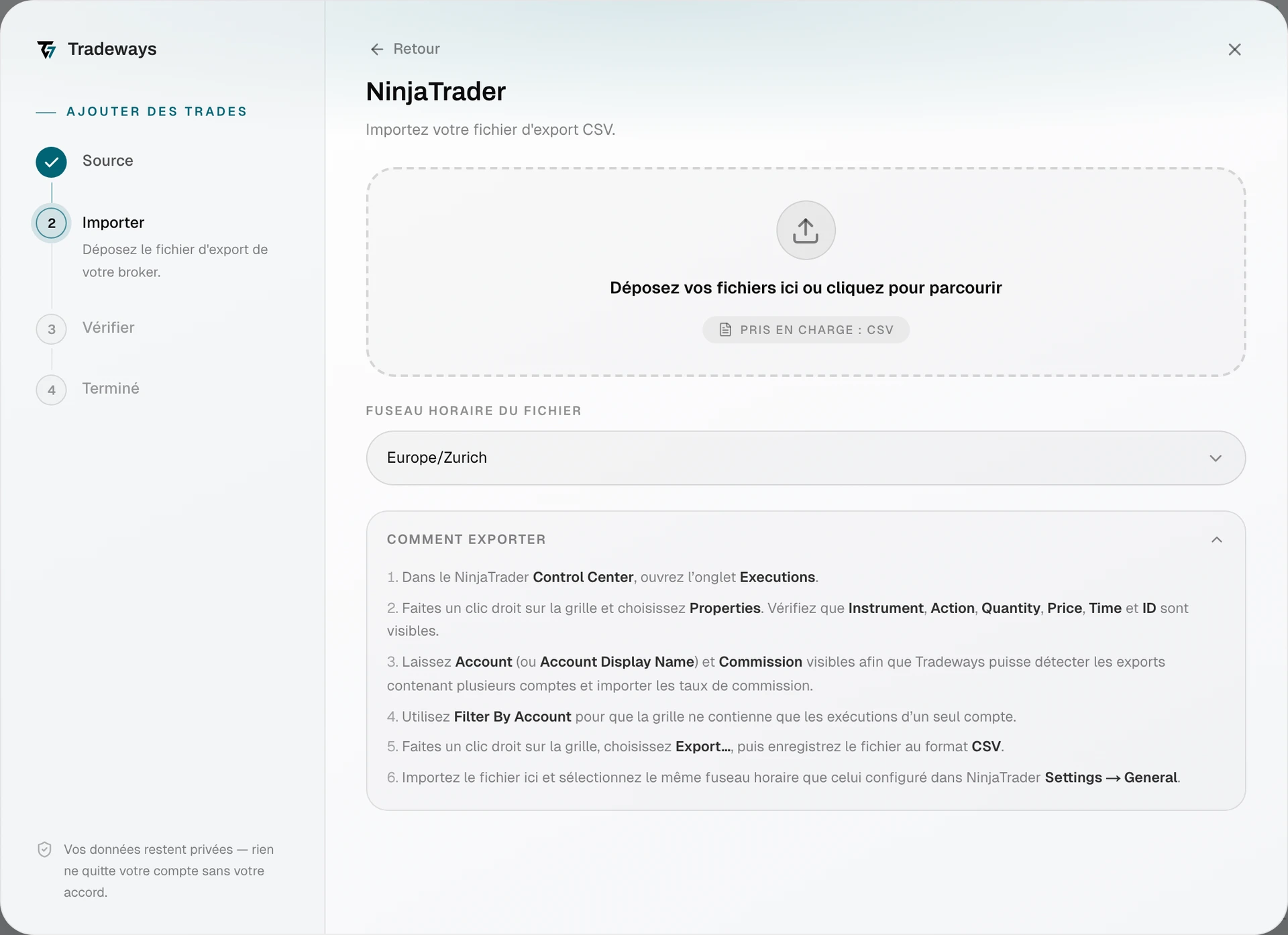 Boîte de dialogue d'import avec NinjaTrader sélectionné et le choix du fuseau horaire visible