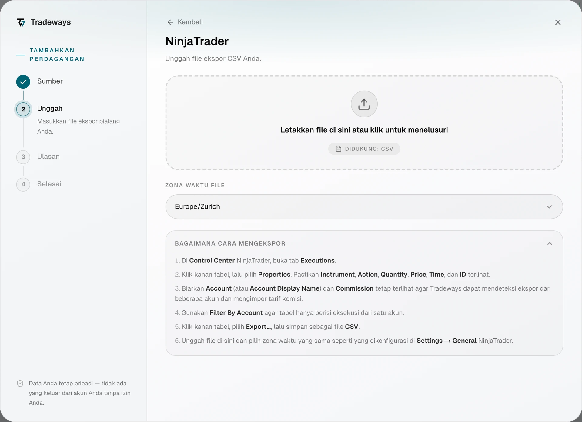 Dialog impor dengan NinjaTrader dipilih dan pilihan zona waktu terlihat