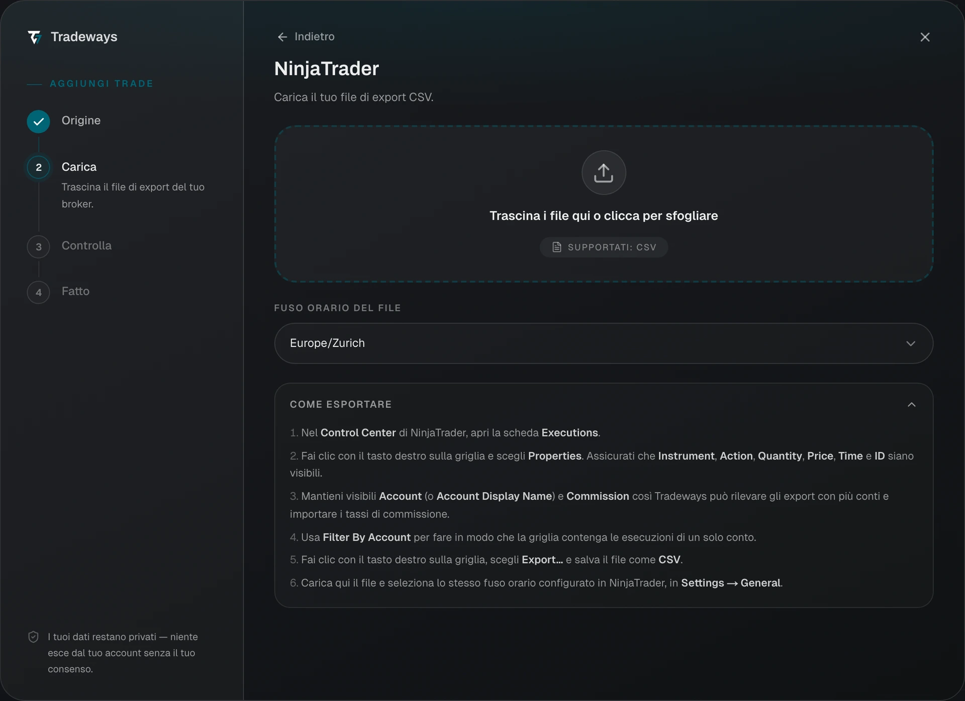 Finestra di importazione con NinjaTrader selezionato e la scelta del fuso orario visibile