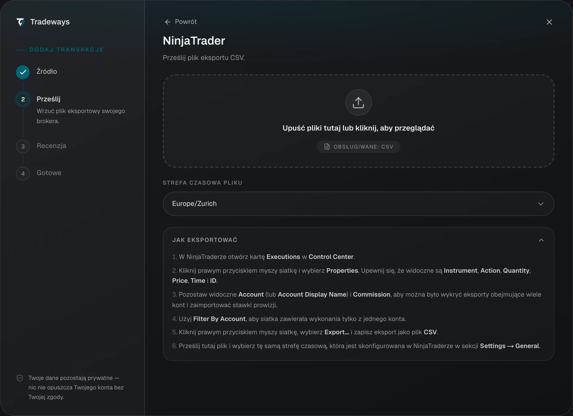 Okno importu z wybranym NinjaTrader i widocznym wyborem strefy czasowej