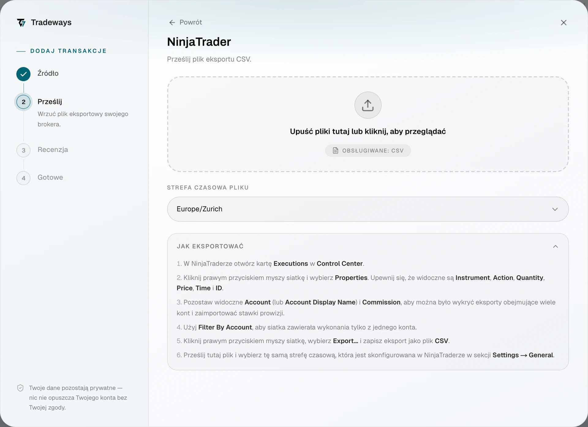 Okno importu z wybranym NinjaTrader i widocznym wyborem strefy czasowej