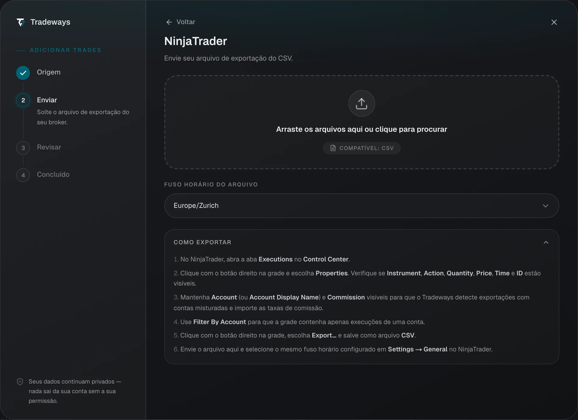 Caixa de diálogo de importação com o NinjaTrader selecionado e a seleção de fuso horário visível