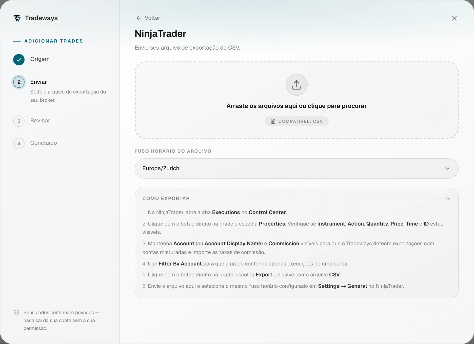 Caixa de diálogo de importação com o NinjaTrader selecionado e a seleção de fuso horário visível