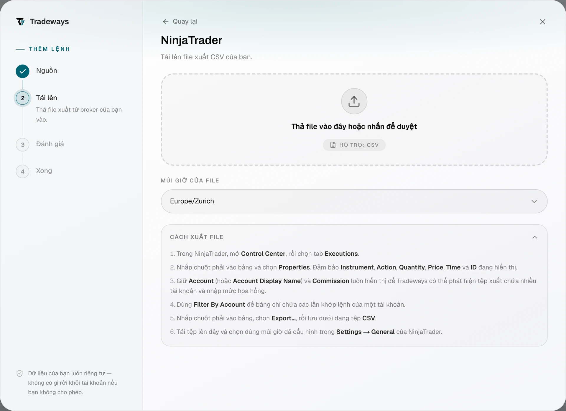 Hộp thoại nhập với NinjaTrader được chọn và phần chọn múi giờ hiển thị