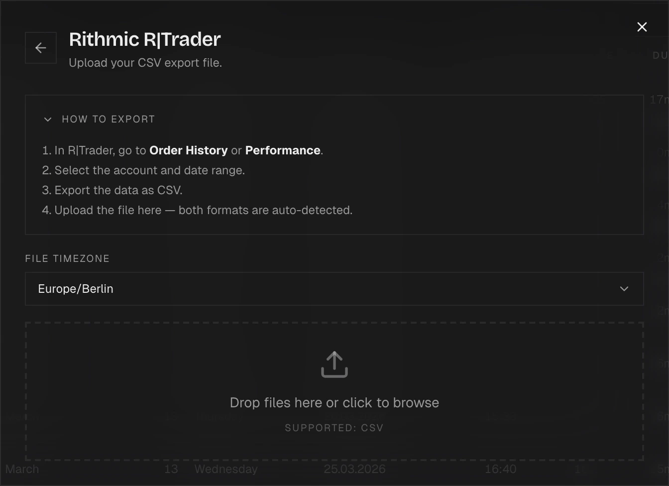 Import dialog with Rithmic R|Trader Pro selected