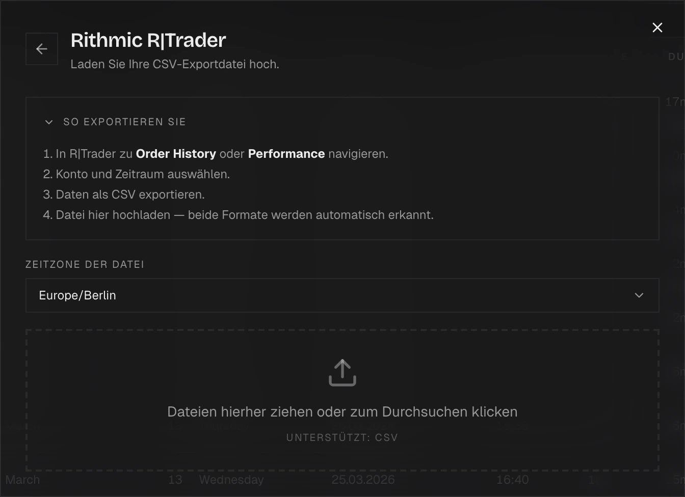 Import-Dialog mit Rithmic R|Trader Pro ausgewählt