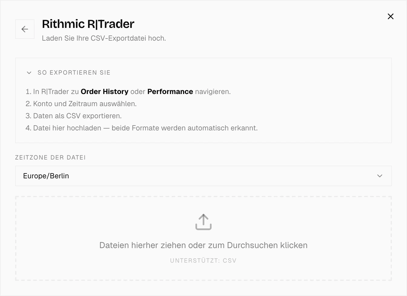 Import-Dialog mit Rithmic R|Trader Pro ausgewählt