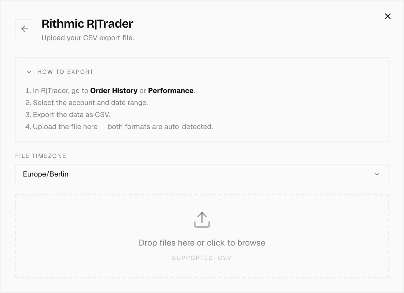 Import dialog with Rithmic R|Trader Pro selected