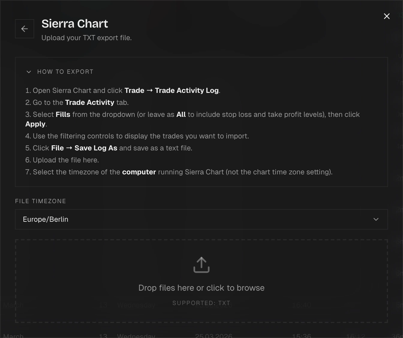 Import dialog with Sierra Chart selected