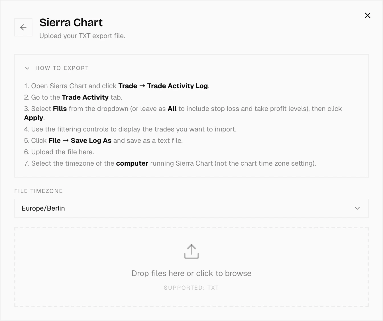 Import dialog with Sierra Chart selected