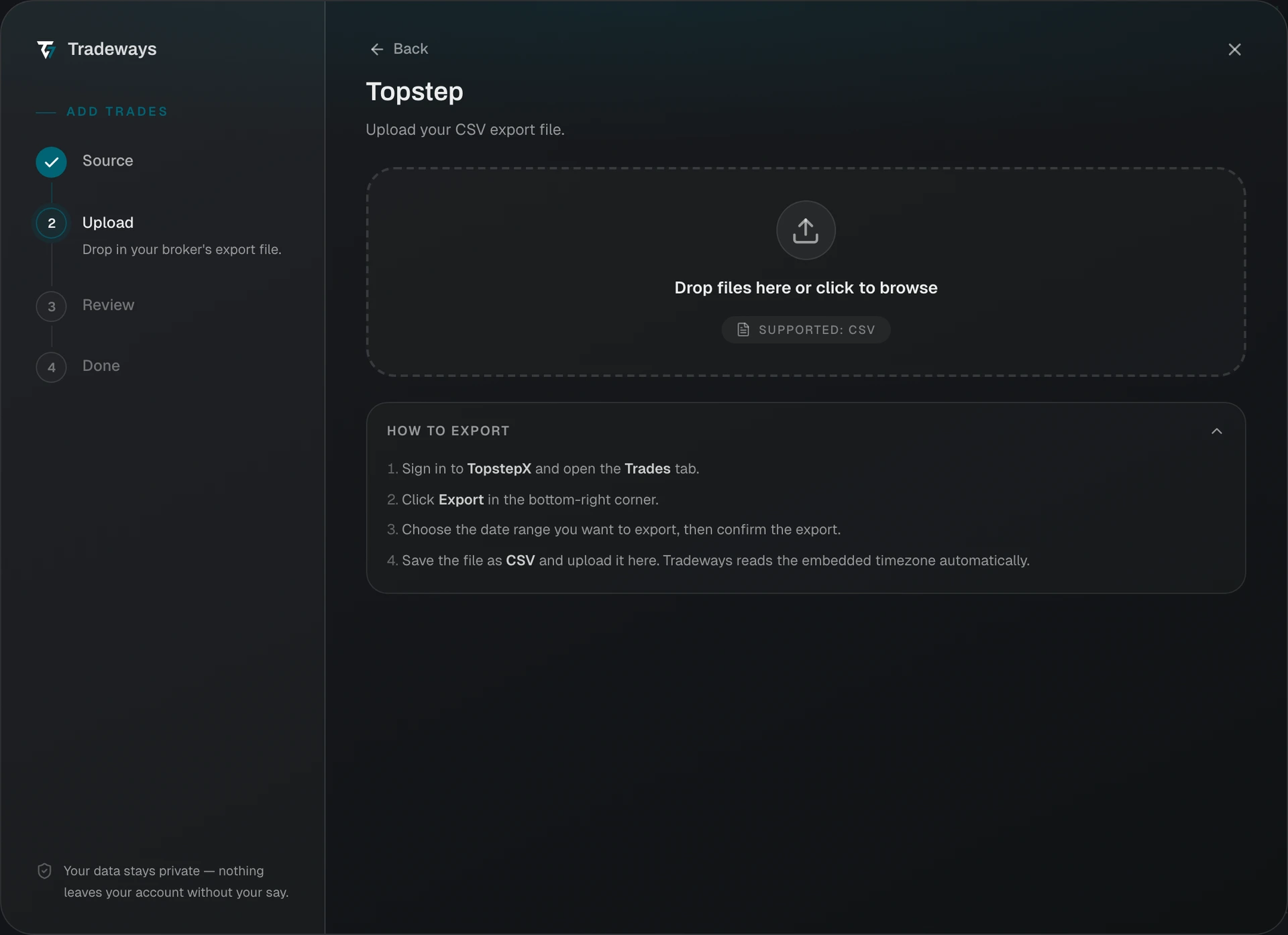 Import dialog with Topstep selected
